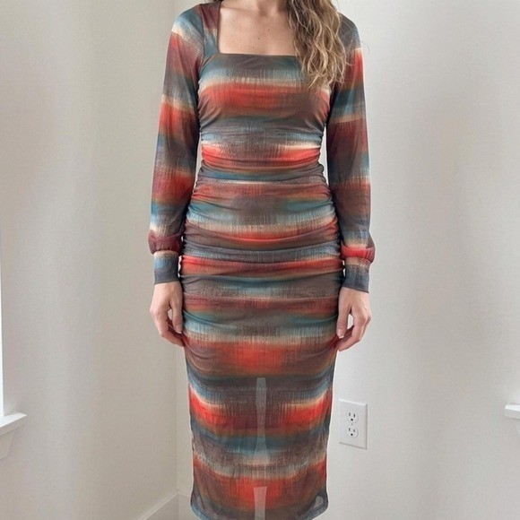 Rust, teal, and taupe abstract-print ruched midi with a square neckline