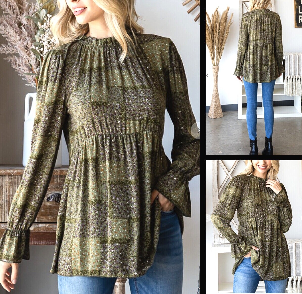 7th Ray 4815 Rayon Woven Tunic Blouse High Neck Long Sleeve OLIVE Mini Print
