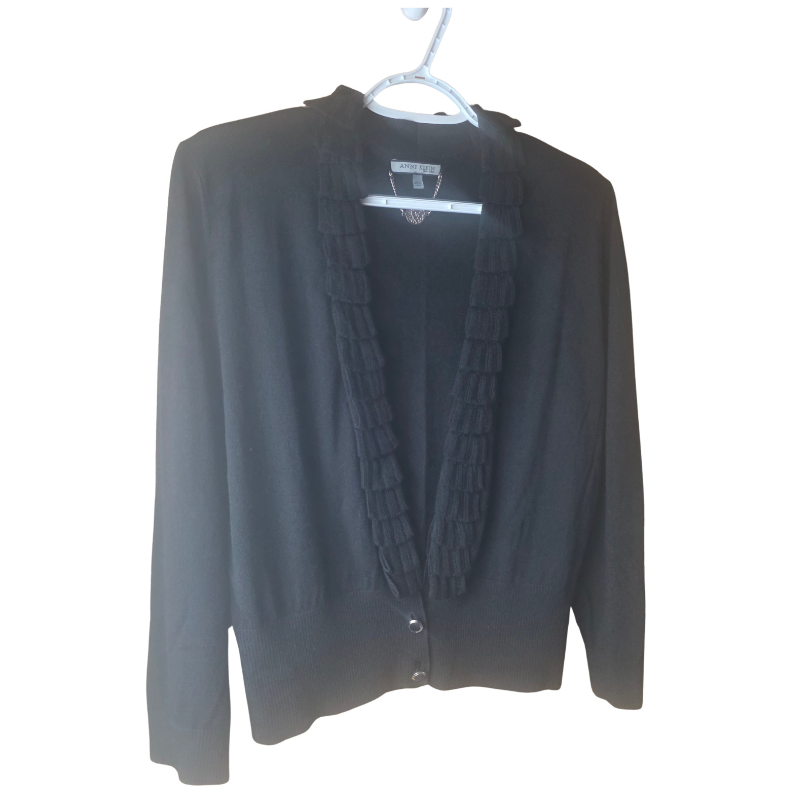 Anne Klein Black Silk Cashmere Ruffle Cardigan Sweater Women’s L