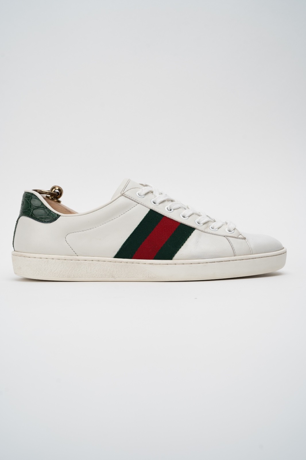 Gucci Ace Men’s White Leather Sneakers Green Red Web Stripe 386750 Size 8