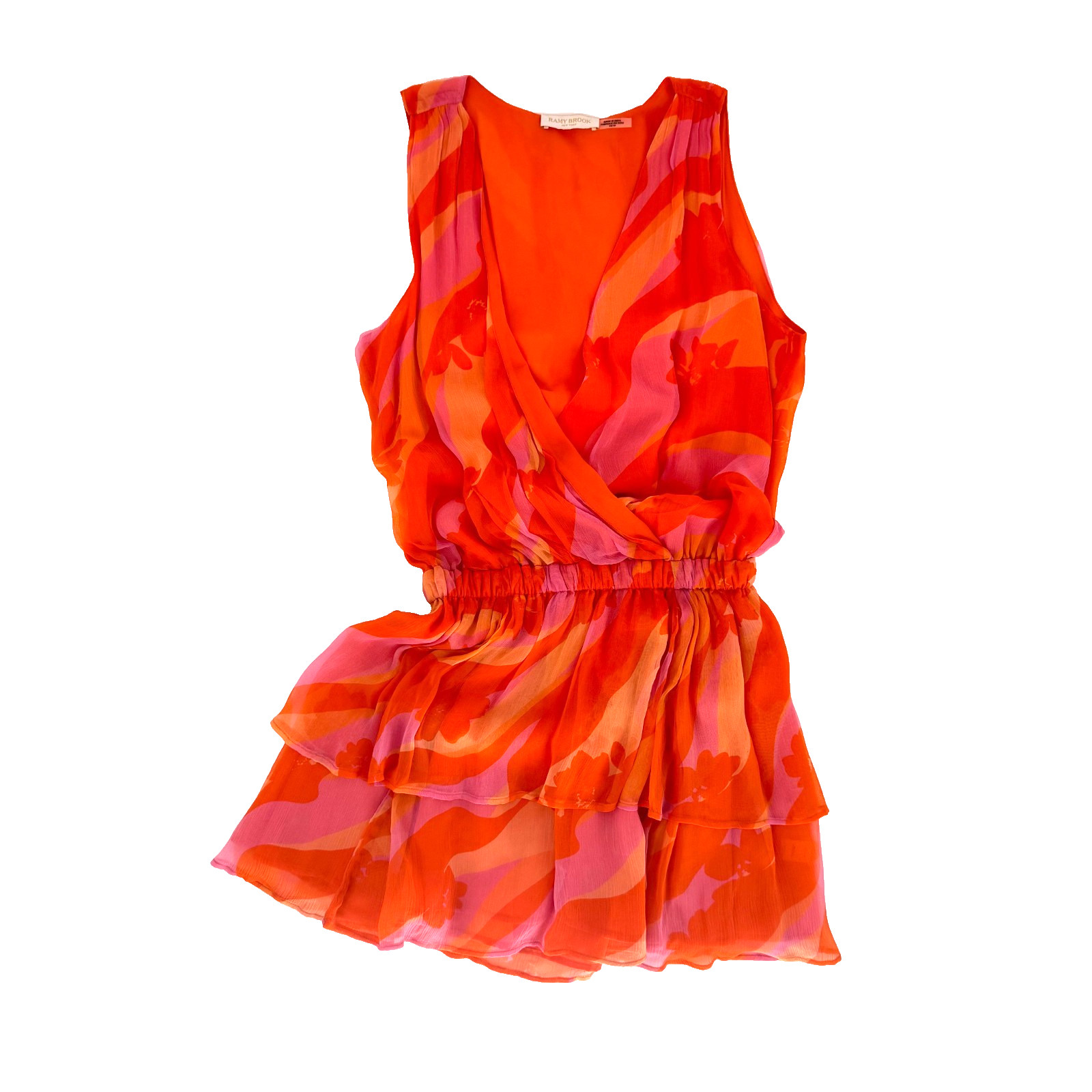 Ramy Brook Baldwin Mini Dress XS Orange Pink Floral Ruffle Wrap Resort