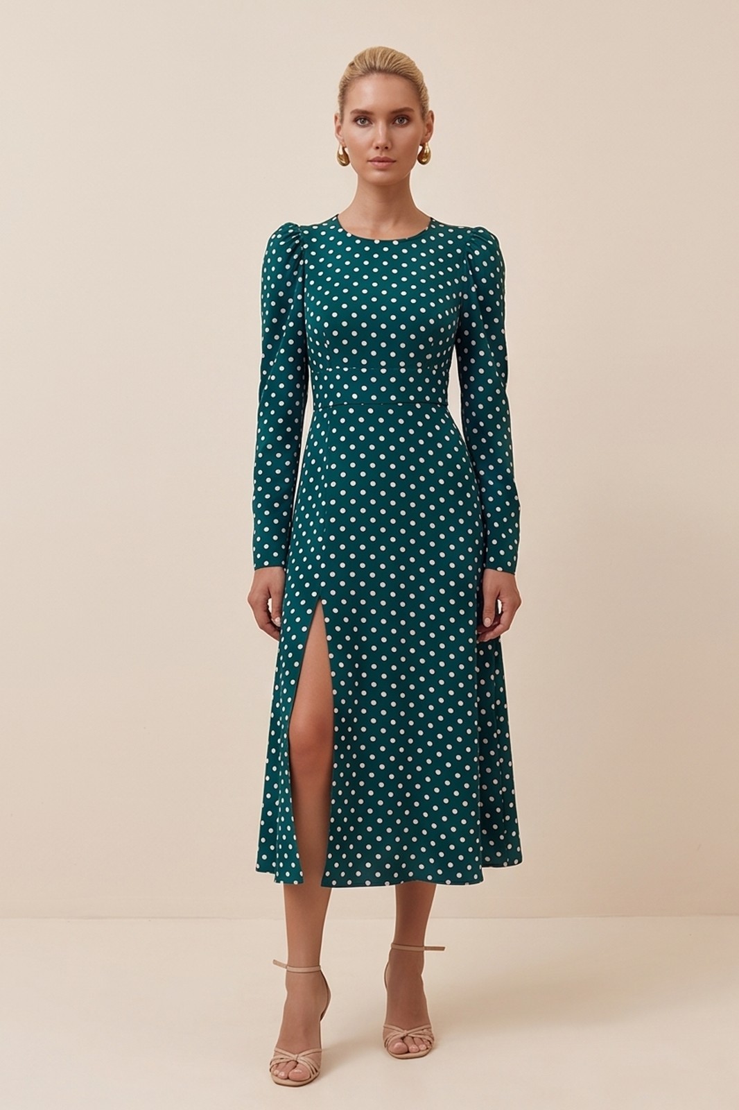 Green Emerald Polka Dot Midi Dress by FemeAdor – Size (S) – Made in Ukraine