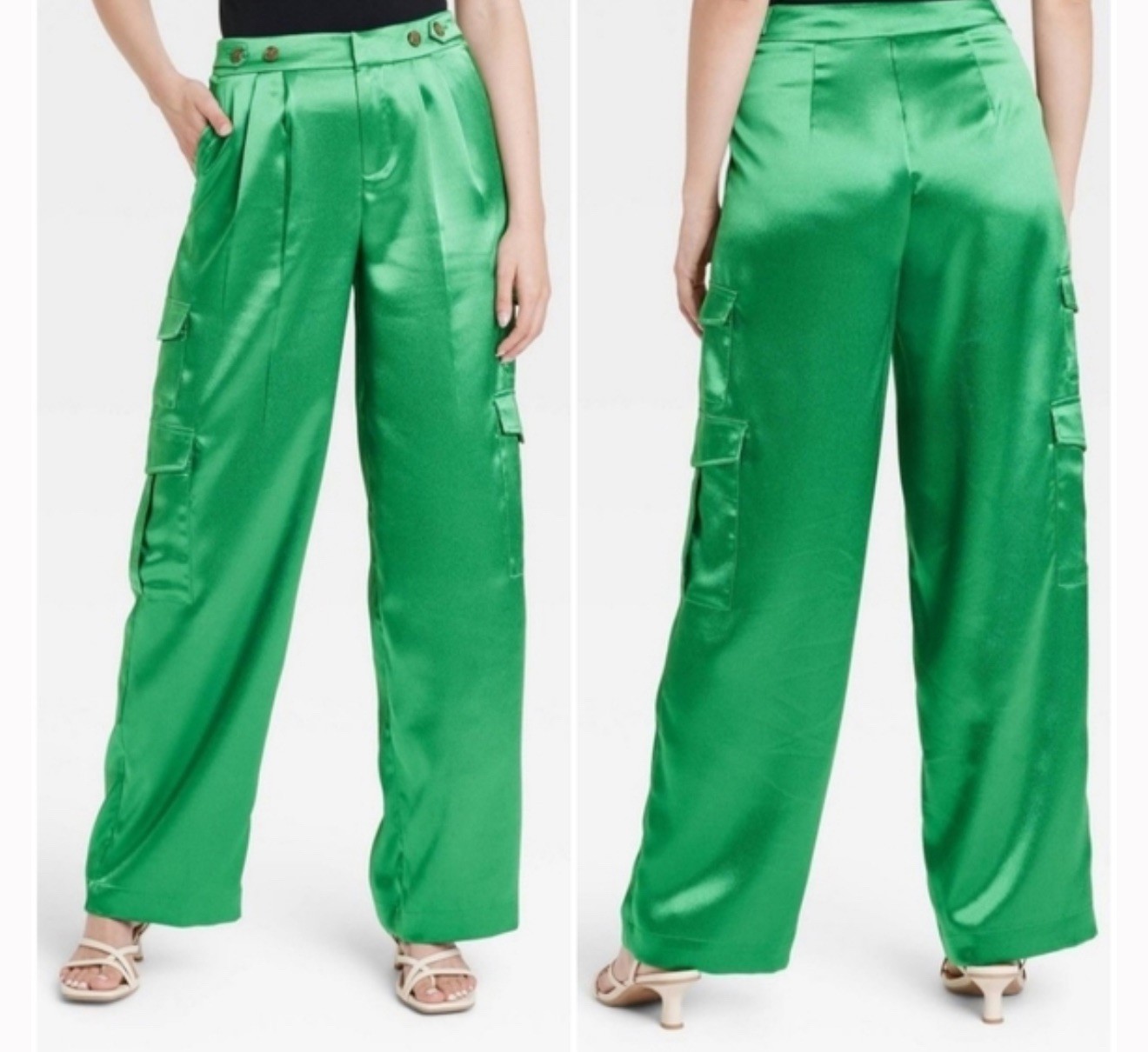 A New Day Satin Cargo Pants Women’s Size 4 • Tokyo City Green • Wide Leg • NWT