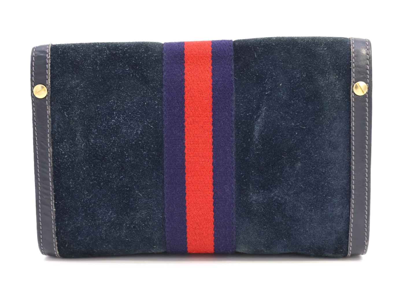 GUCCI VINTAGE Web Stripe Shoulder Bag Suede Leather Navy Classic Authentic