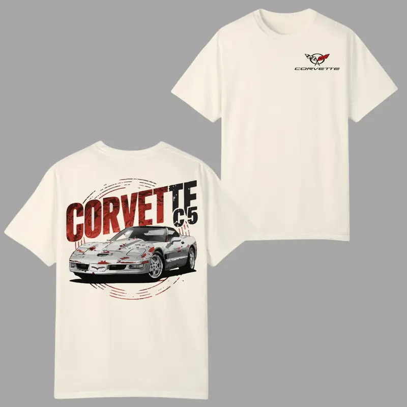 Corvette C5 Sports Car T-shirt, Retro Red Graphic with Classic C5 Front View and