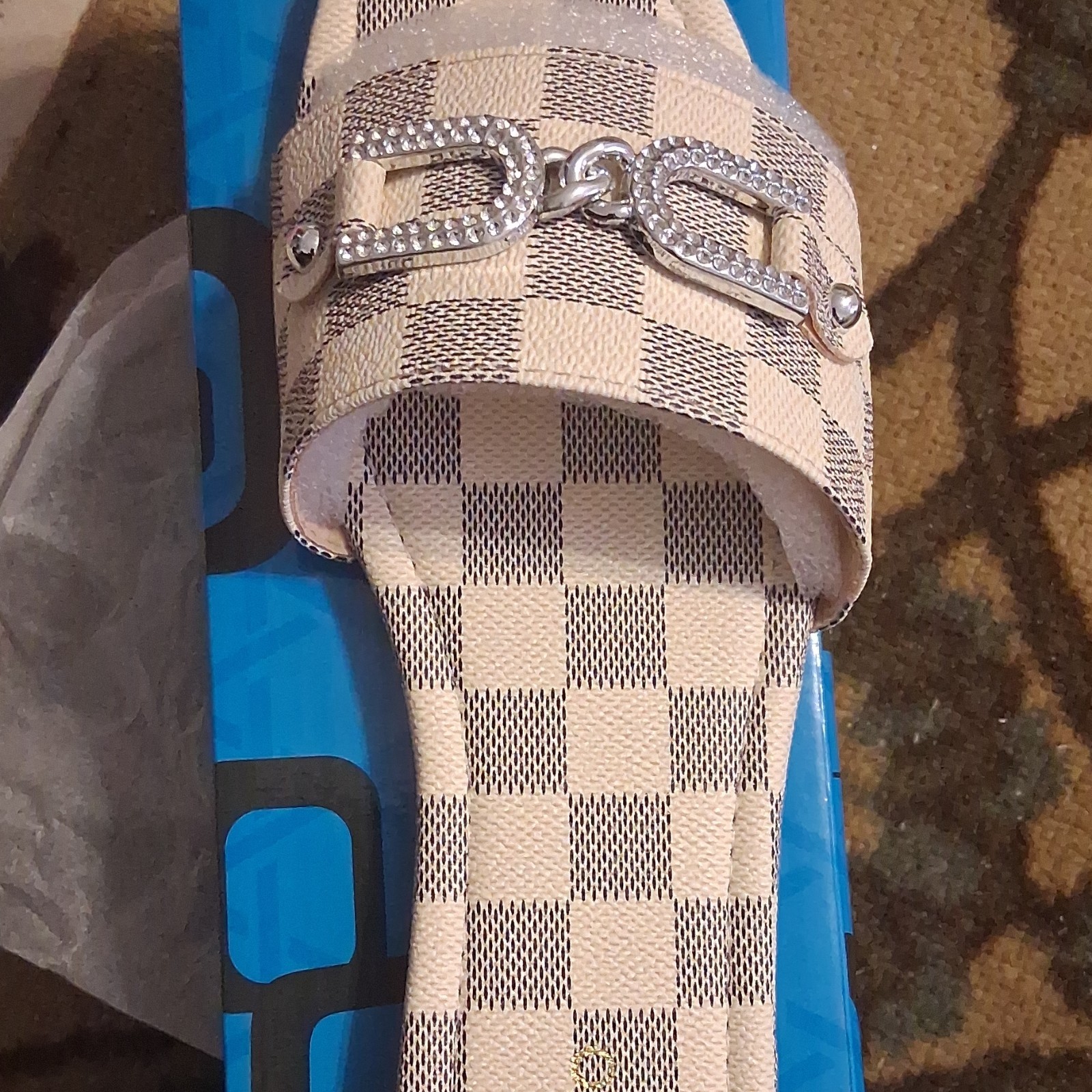 Women’s Beige/Gray Check Slide Sandals Slip-On Rhinestone Accent Casual