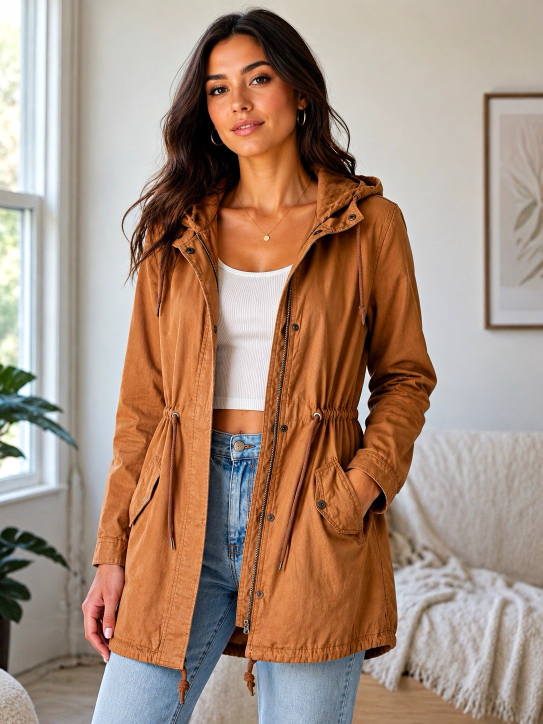 BDG Women’s Brown Hooded Parka Jacket Zip Front Drawstring Waist Mid-Length M