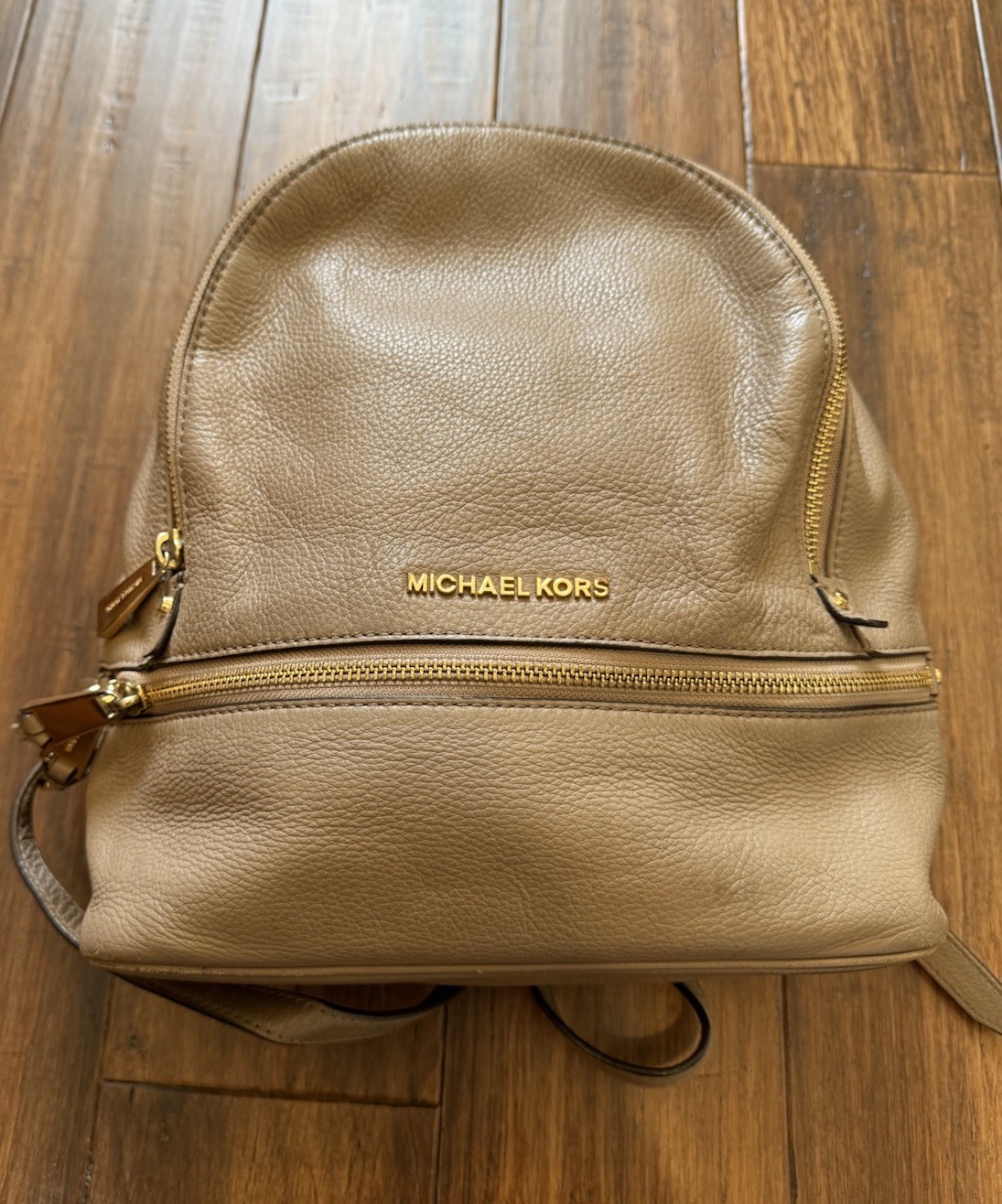 Michael Kors Leather Backpack Pebbled Taupe Gray Gold Hardware Medium Women Bag