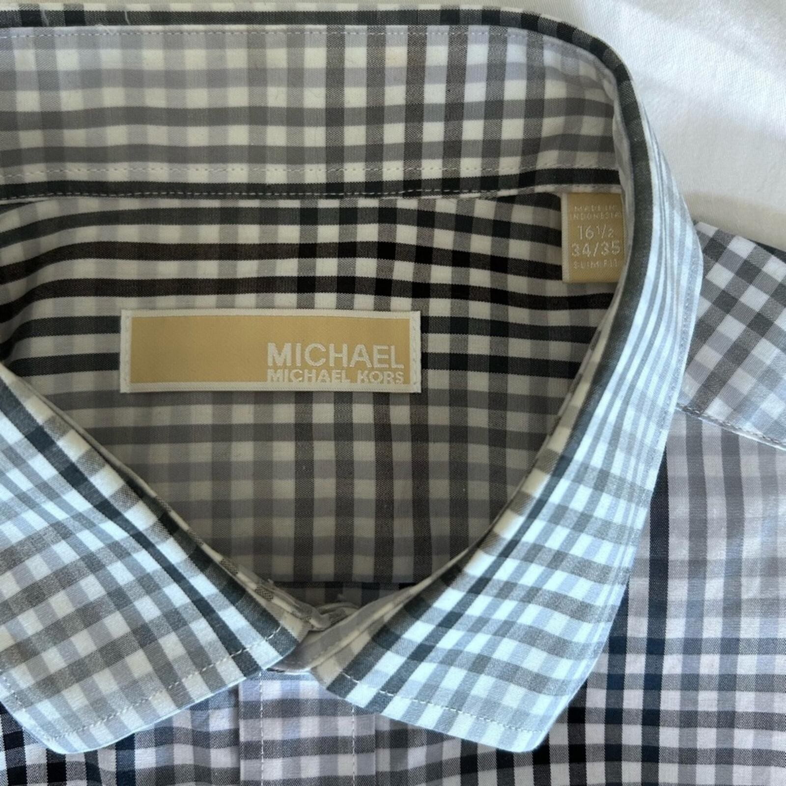 Michae Kors Men’s Slim Fit Button Up Plaid Dress Shirt in Granite 16.5 34/35