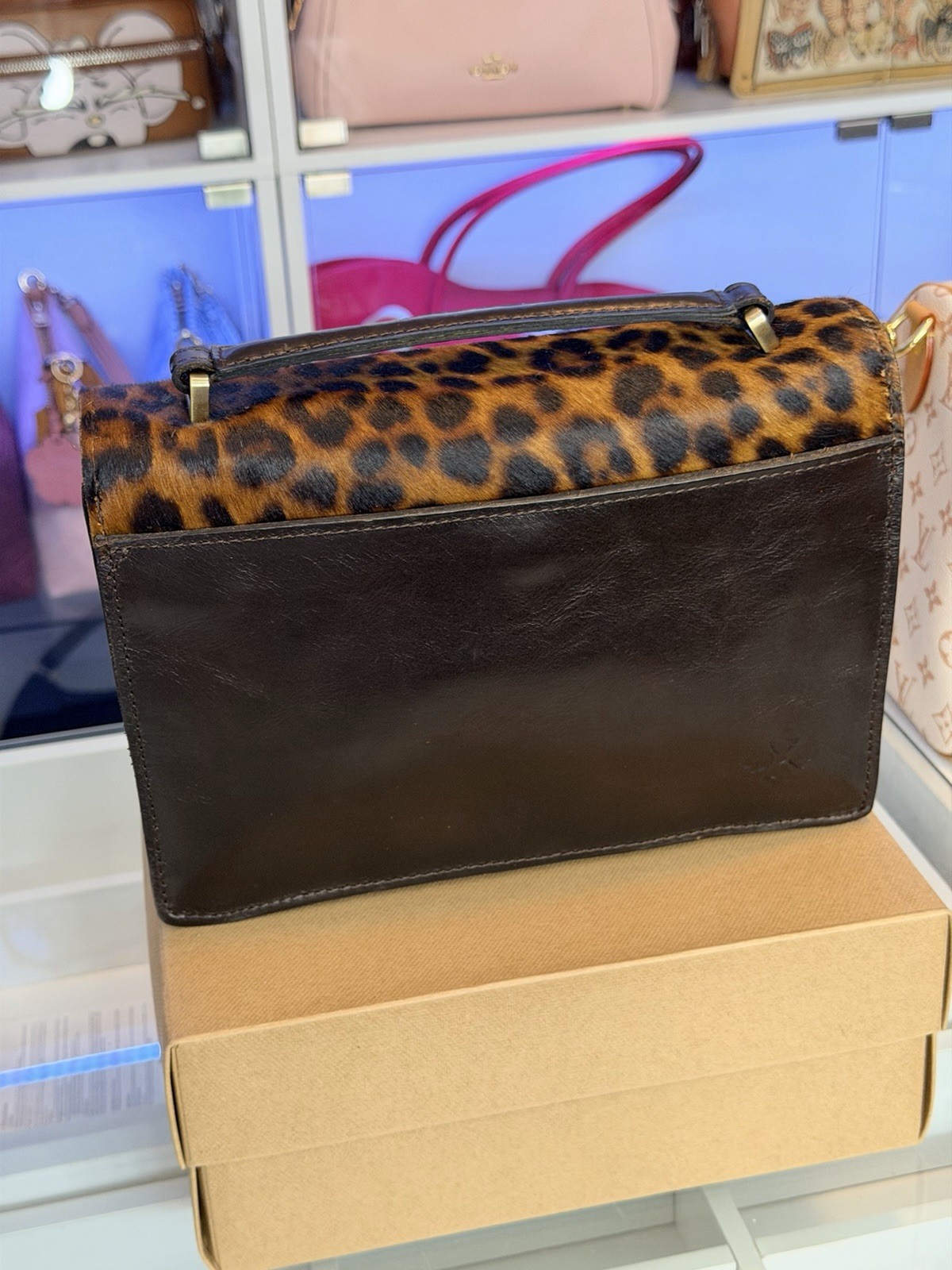 Patricia Nash Leopard Print Calf Hair Crossbody Bag Brown/Black Magnetic Zip
