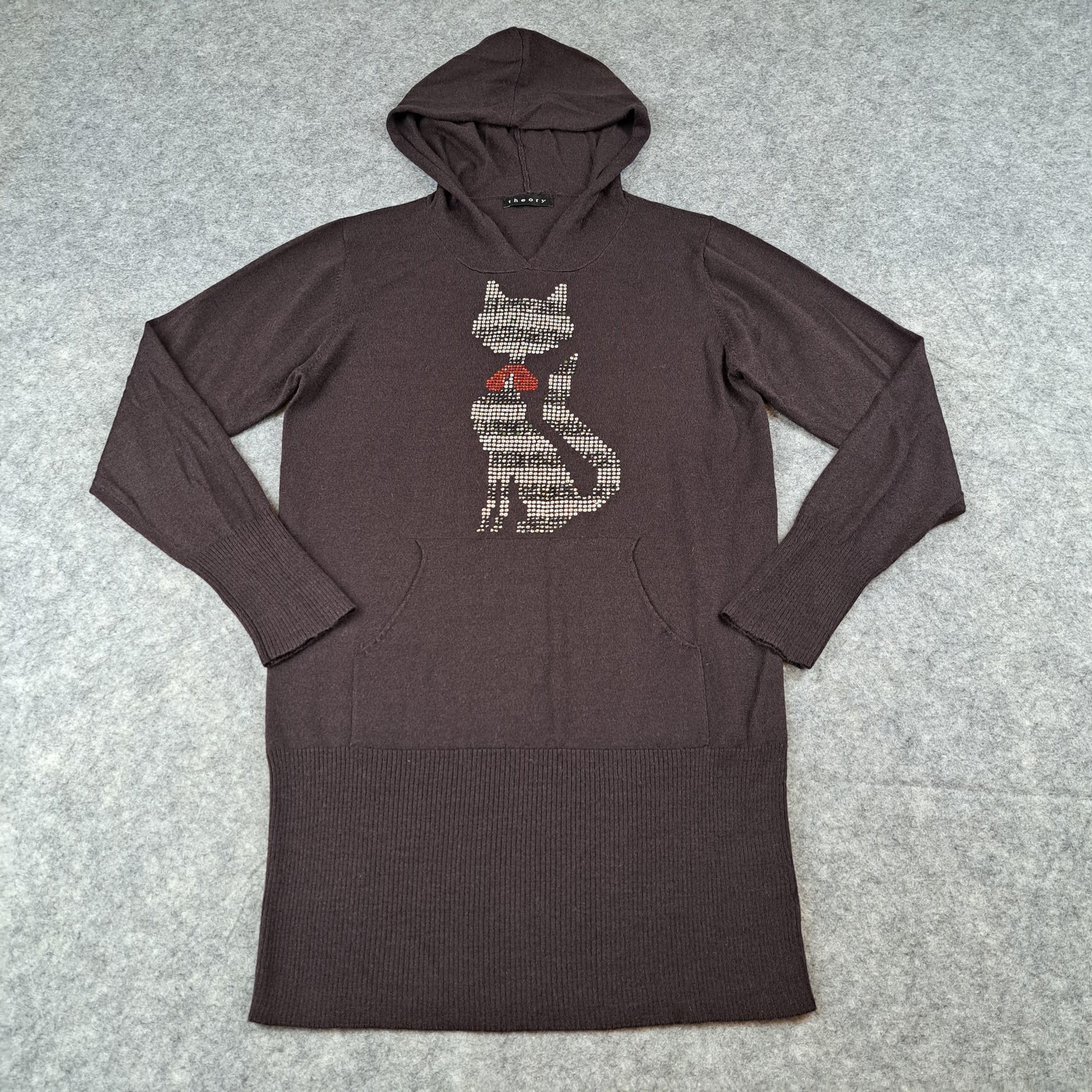 Theory Sweater Womens Large Brown 100% Wool Hooded Tunic Cat Rhinestone Top