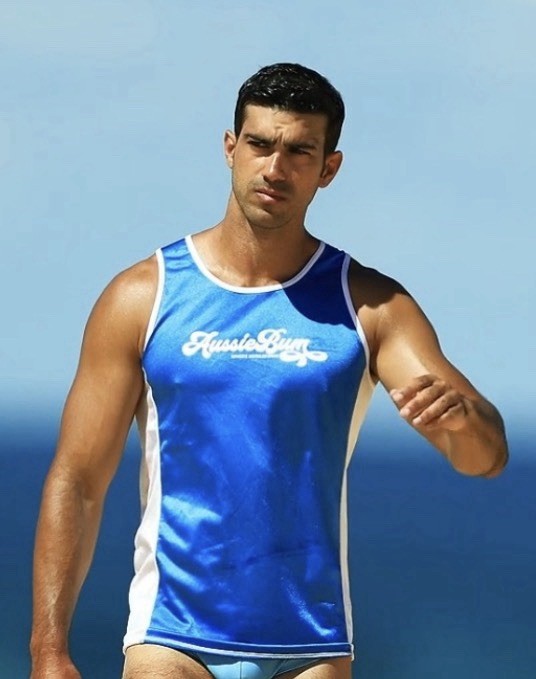 🔥 NEW AussieBum SILKY Nylon Tank Top Surfing Men Lg BLUE WHITE Aussie Bum Glanz
