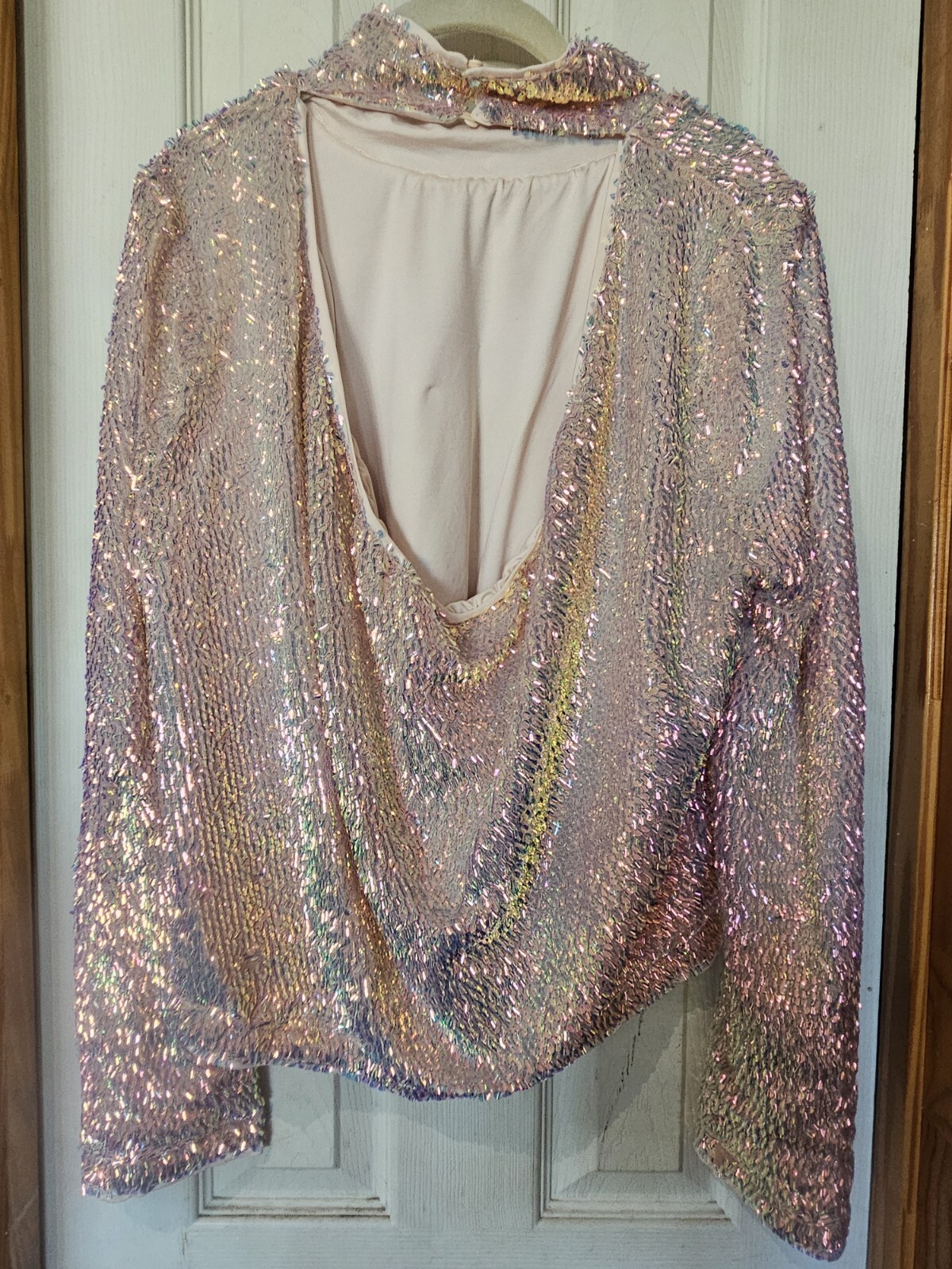 ASTR The Label Iridescent Pink Sequin Mock Neck Open Back Blouse Sz Large NWT