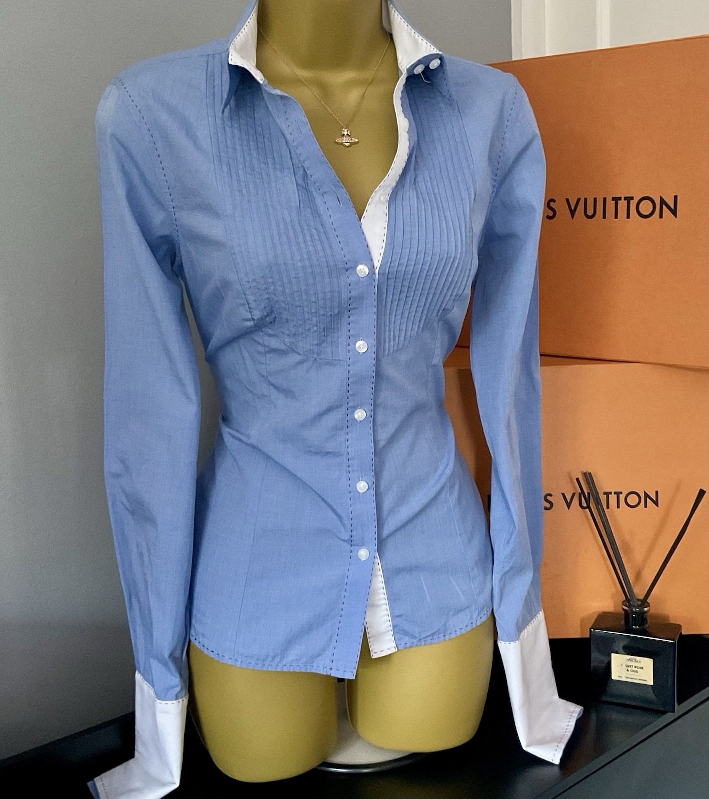 Pristine Thomas Pink Blue Fitted Pleated Tuxedo double Cuff Shirt Stunning UK 10