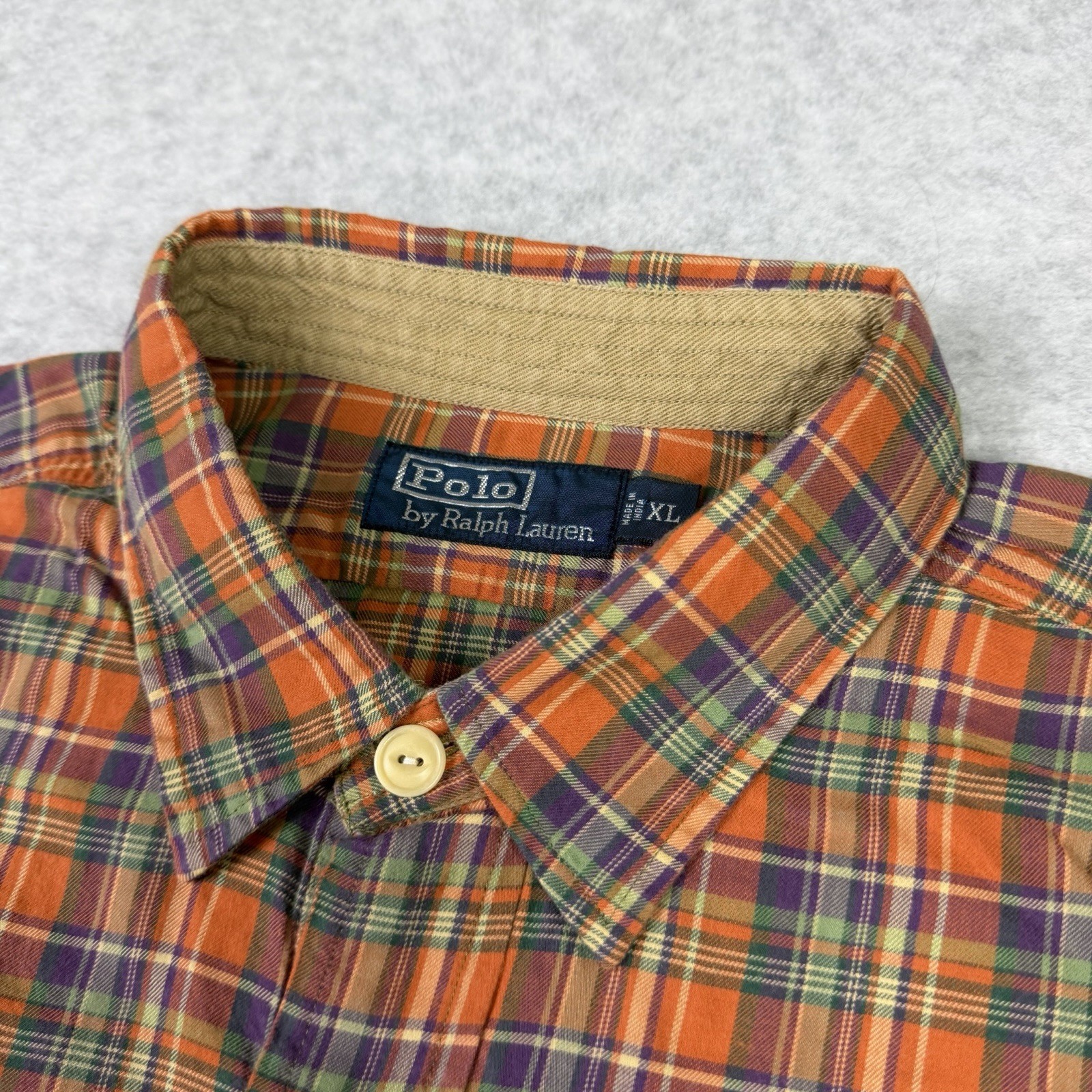 Polo Ralph Lauren Polo Country Shirt Mens XL Orange Plaid Leather Elbow Pads
