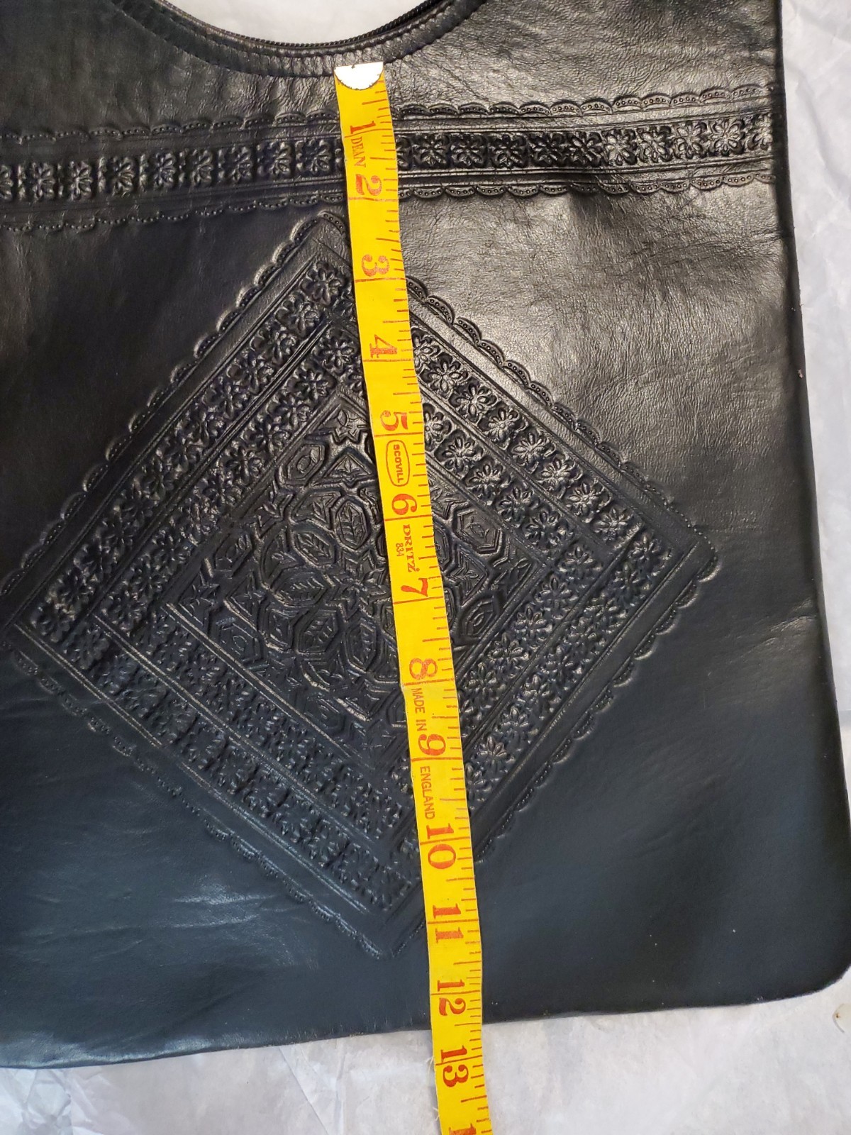 Morocco Inspired Tooled Leather Hobo Flat Shoulder Crossbody Bag Mandala Imprint