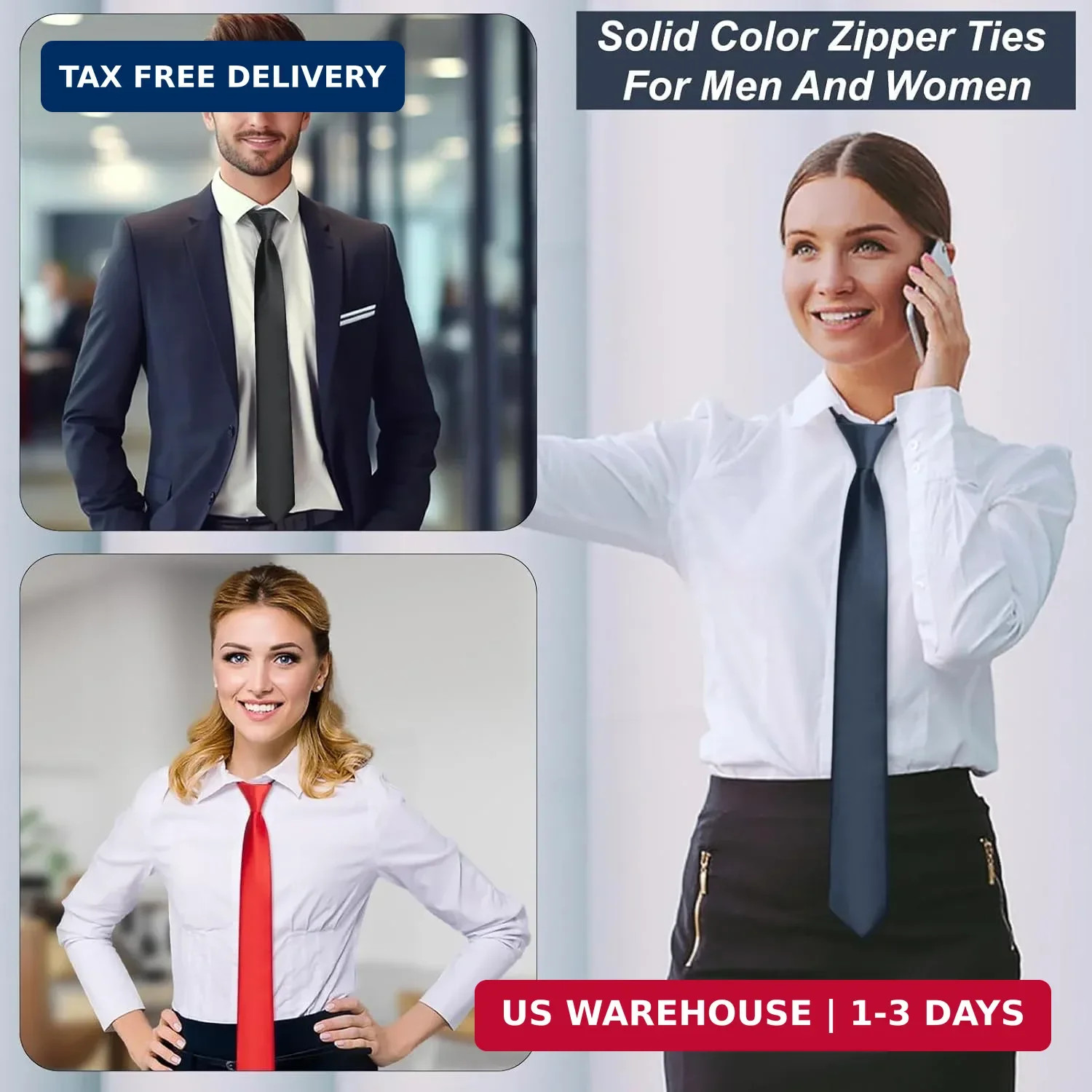 Men’s Pre-Tied Necktie, Adjustable Zipper Skinny Ties for Men, Solid Color Black