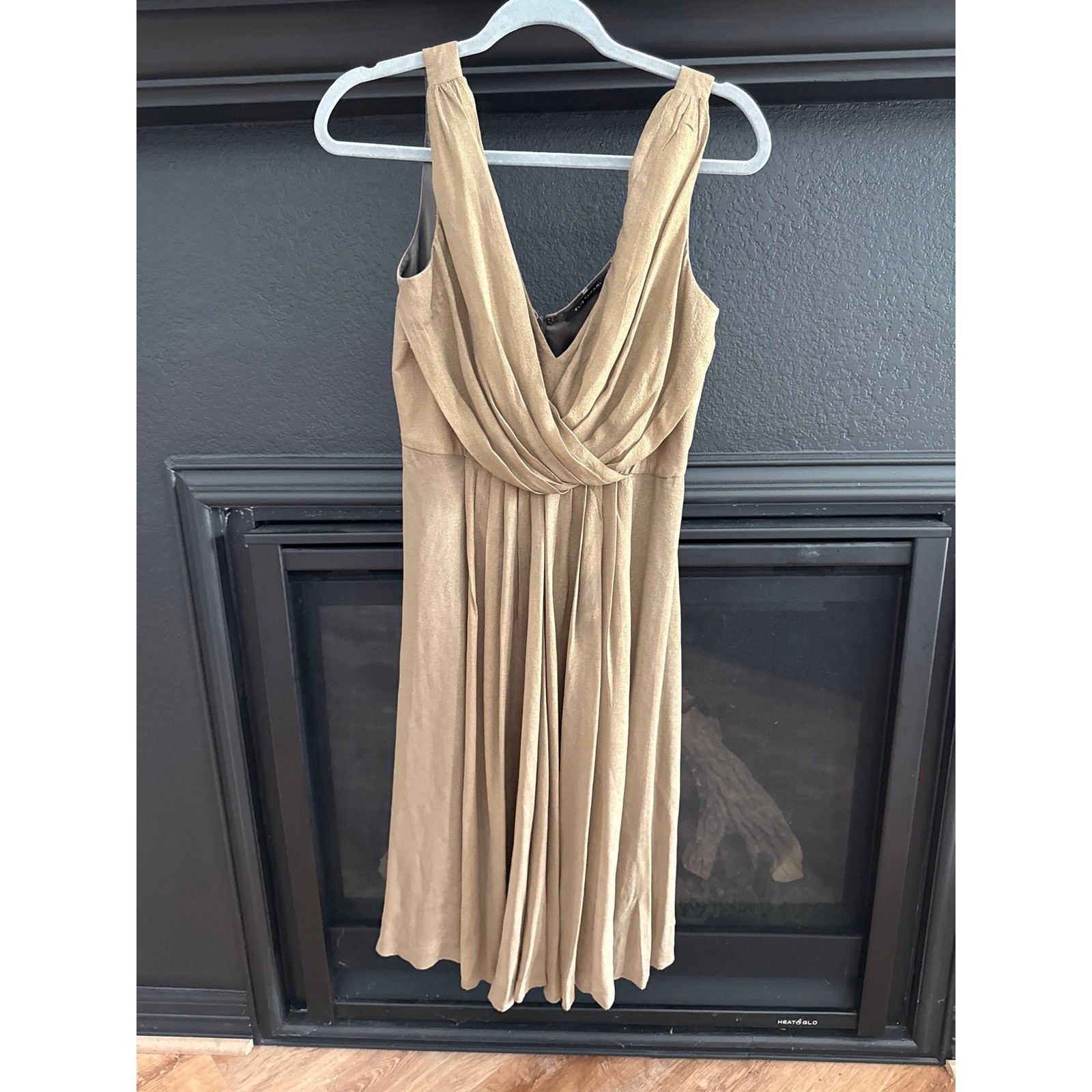 Elie Tahari Silk Metallic Gold Pleated Fit & Flare Dress Size 8