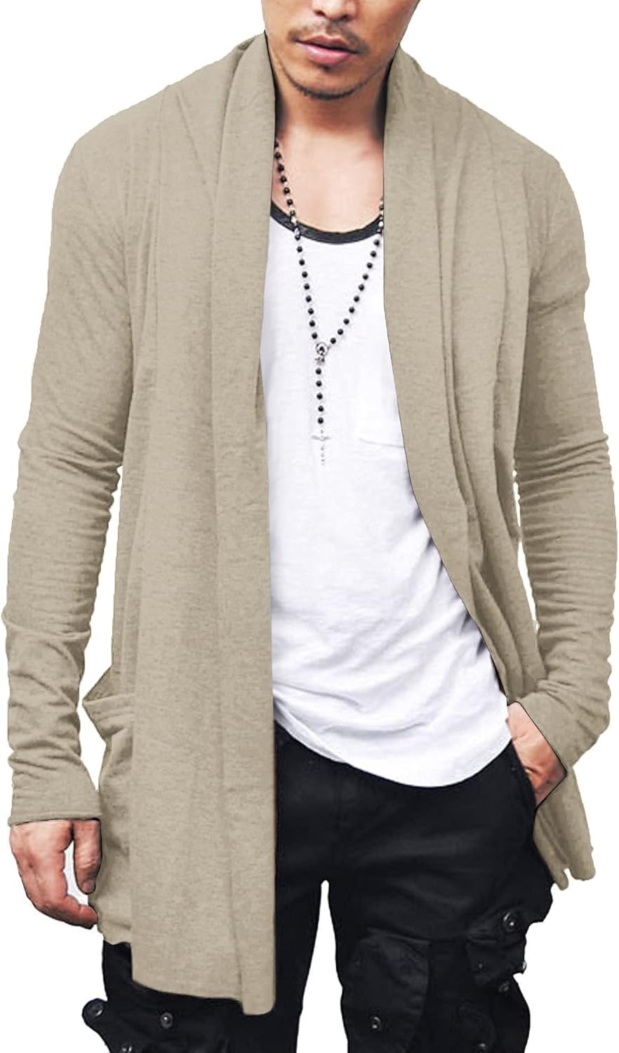Men’s Lightweight Open Front Cardigan Longline Drape Sweater with Pockets Shawl