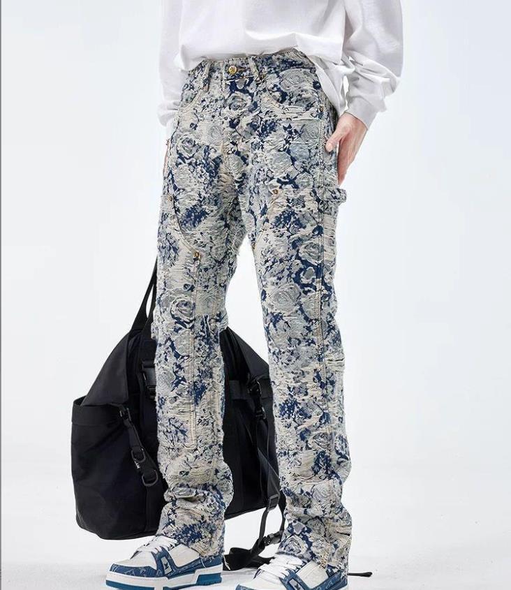 Mens Blue Straight Leg Denim Jeans Ripped Punk Hip Hop Boy Casual Pants Trousers