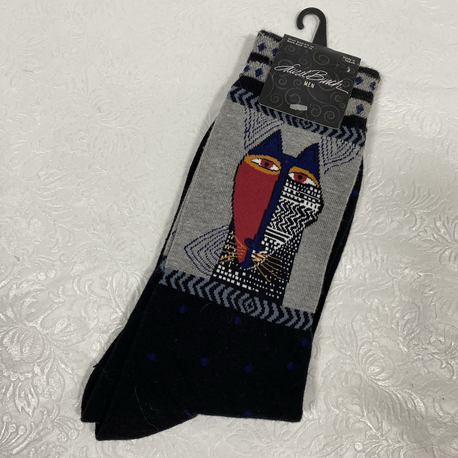 Laurel Burch Mens sz 10-13 Crew Socks Native Tribal Cat Black Gray Novelty NEW