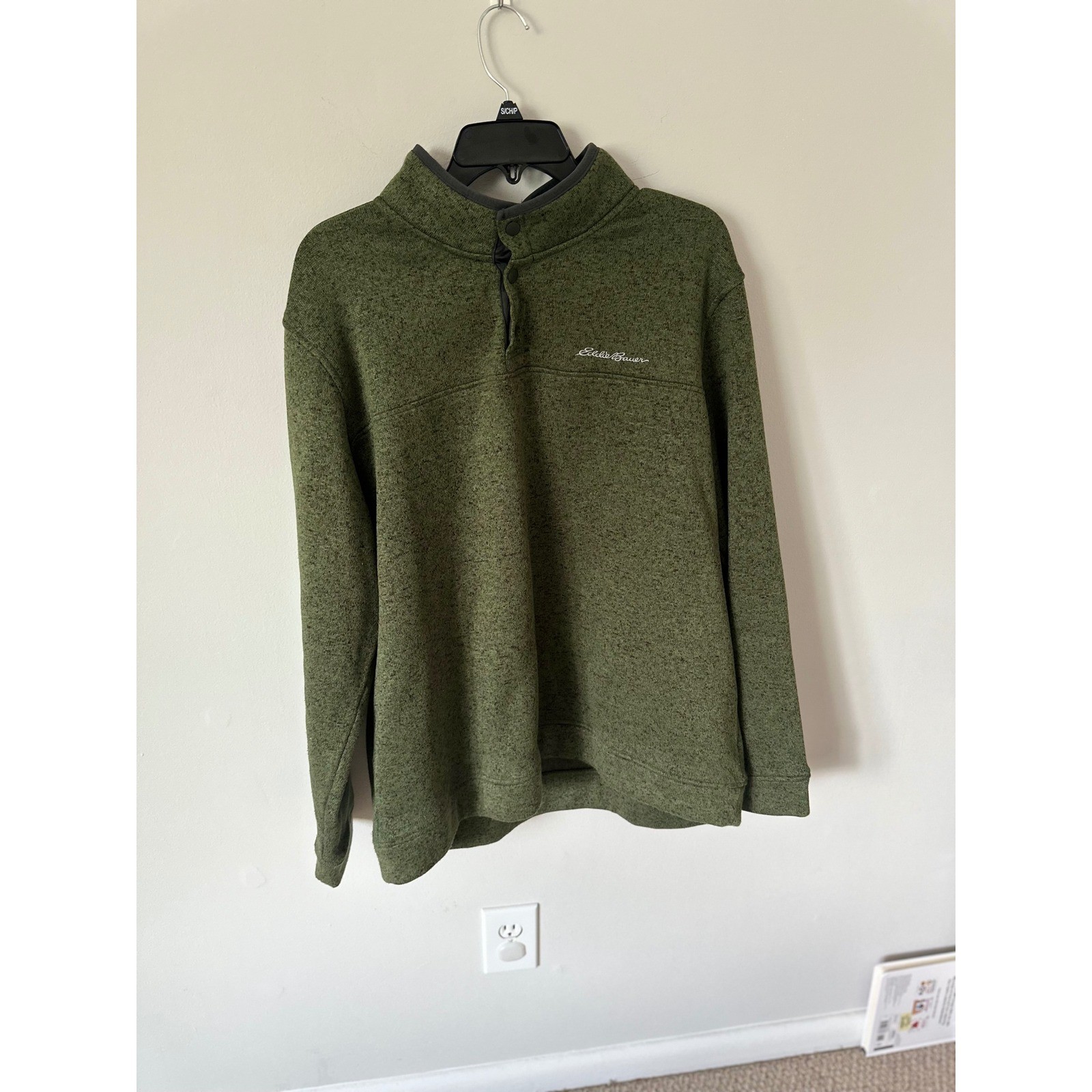 Eddie Bauer Mens XL Green Marled Snap Mock Neck Fleece Pullover Sweater