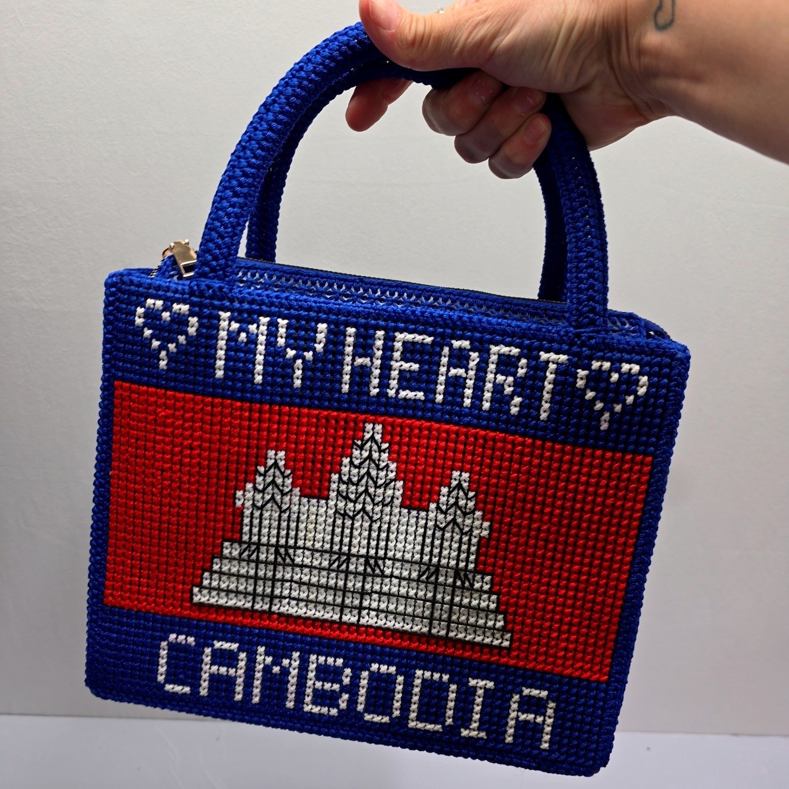 Cambodia My Heart Angkor Wat Needlepoint Top Handle Bag Blue Red Souvenir