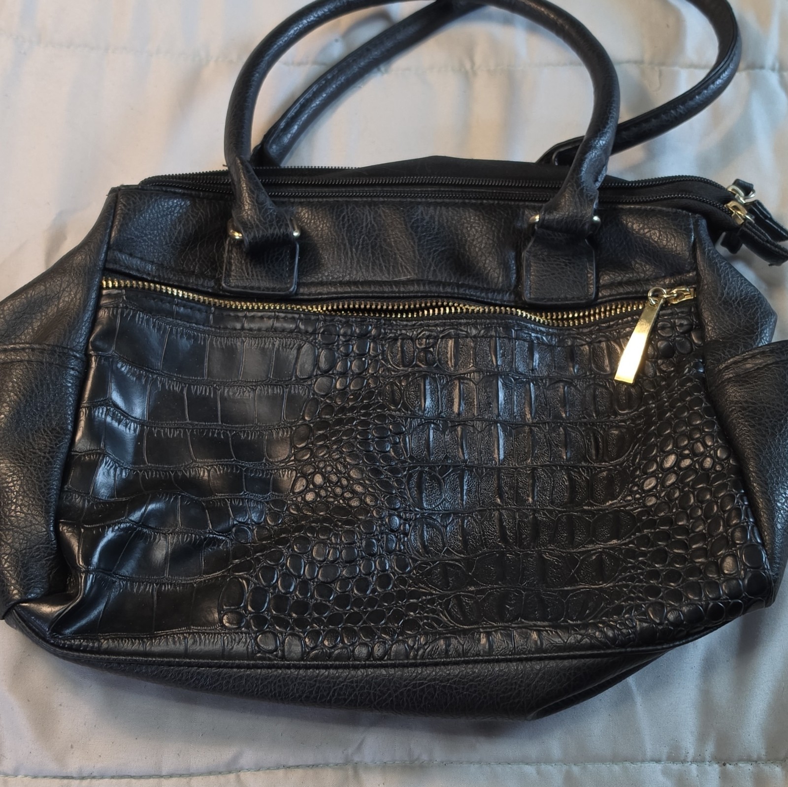 Black Crocodile Pattern Satchel Top Handle Bag, Double Handles, Zip, Gold