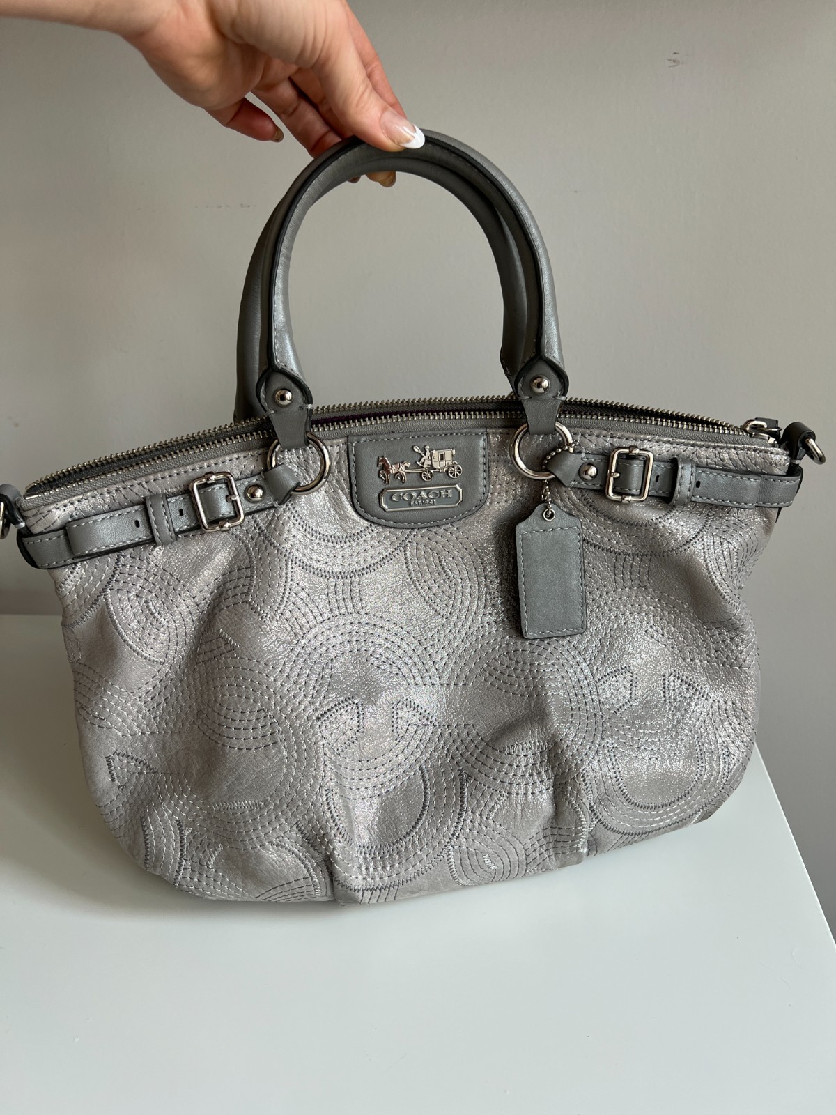 Coach 18624 Madison Sophia Stitched OpArt Satchel Handbag Satin Silver Metallic