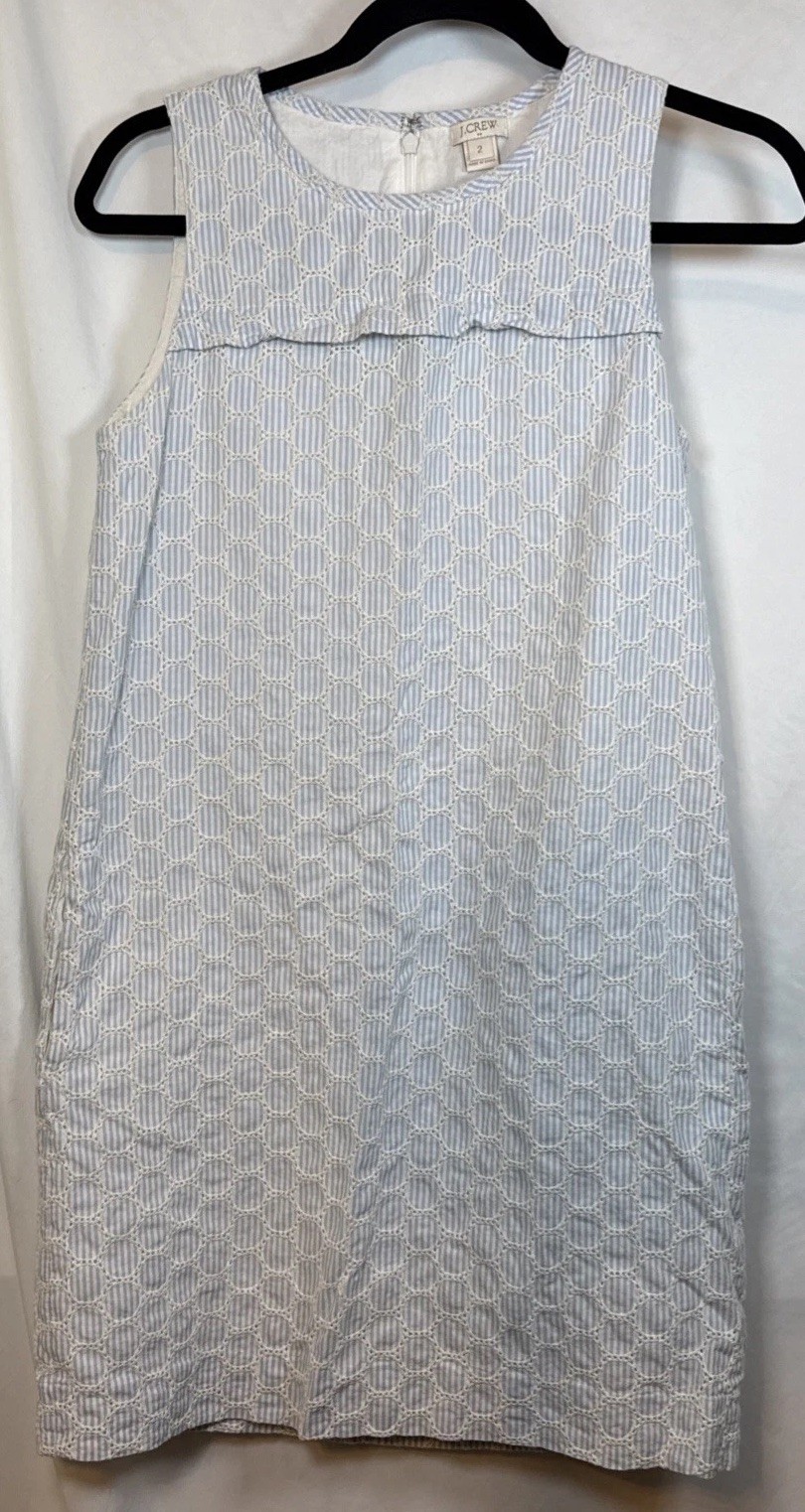 J Crew Searsucker Eyelet Preppy Summer Cotton Embroidered Shift Dress Size 2