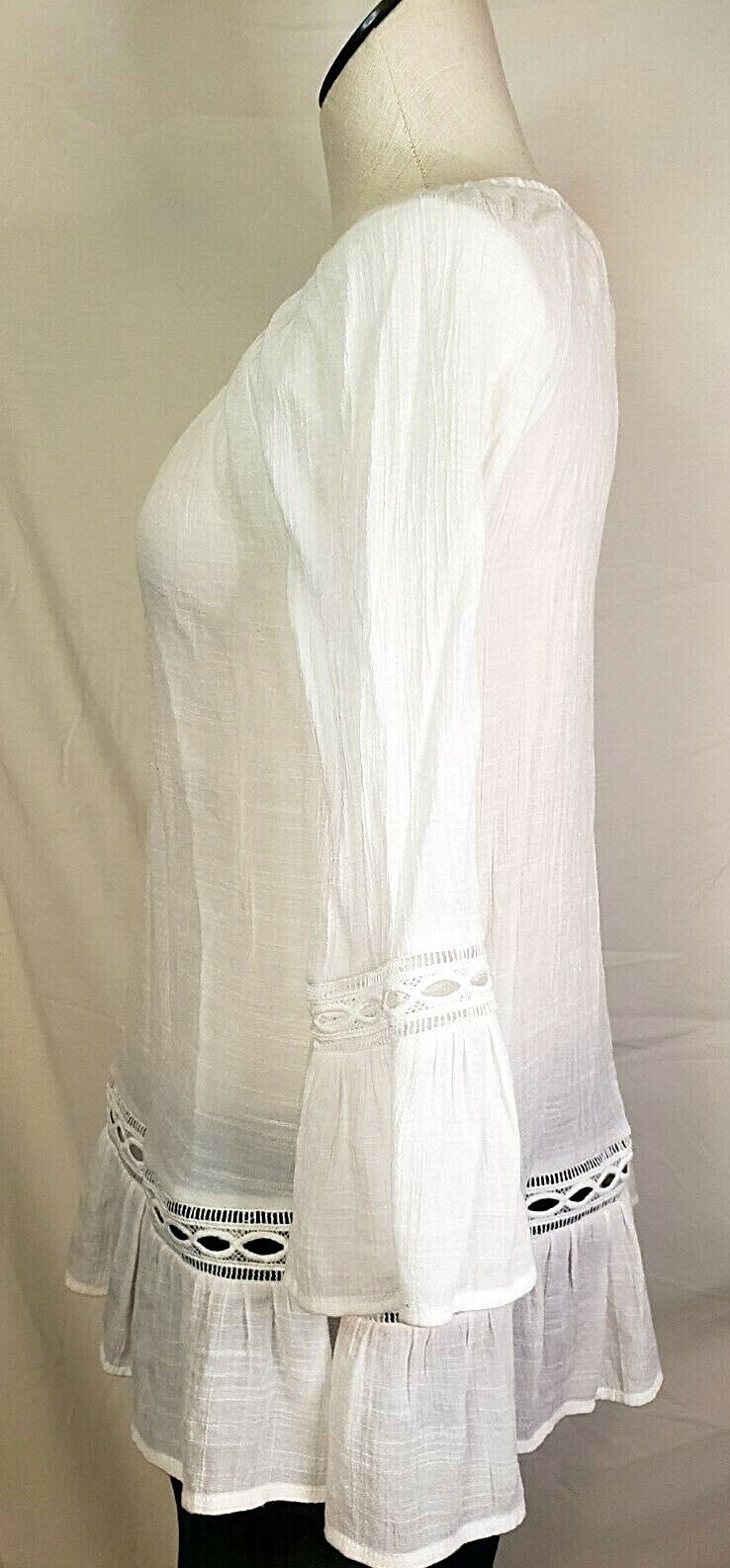BYdesign Blouse Top 3/4 Sleeve Ruffle Eyelet Crinkled Beachy Boho Peasant size S