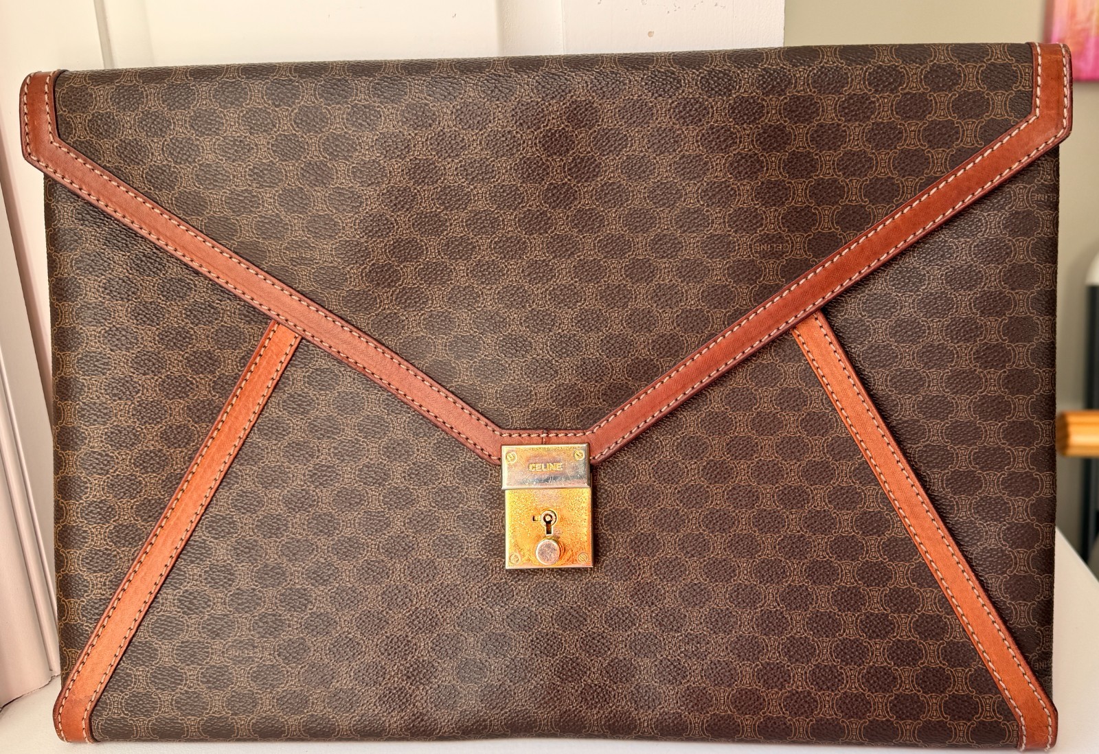Vintage CELINE Envelope Clutch Portfolio, Brown Monogram Leather, Authenthic