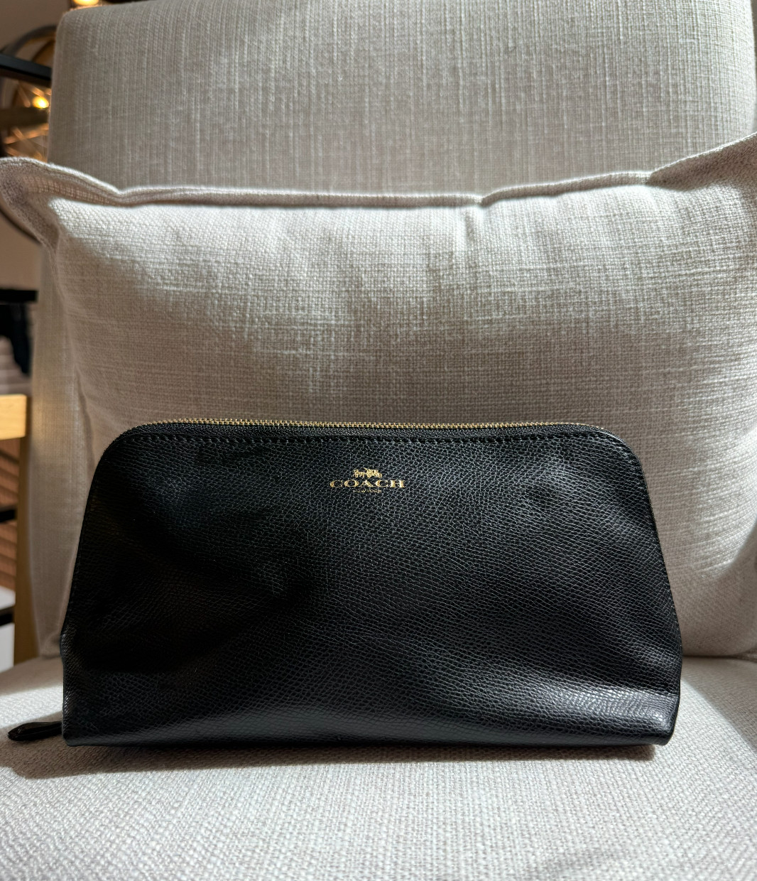 COACH Black Crossgrain Leather Tote Bag & Matching Cosmetic Pouch Case 2pc Bundl