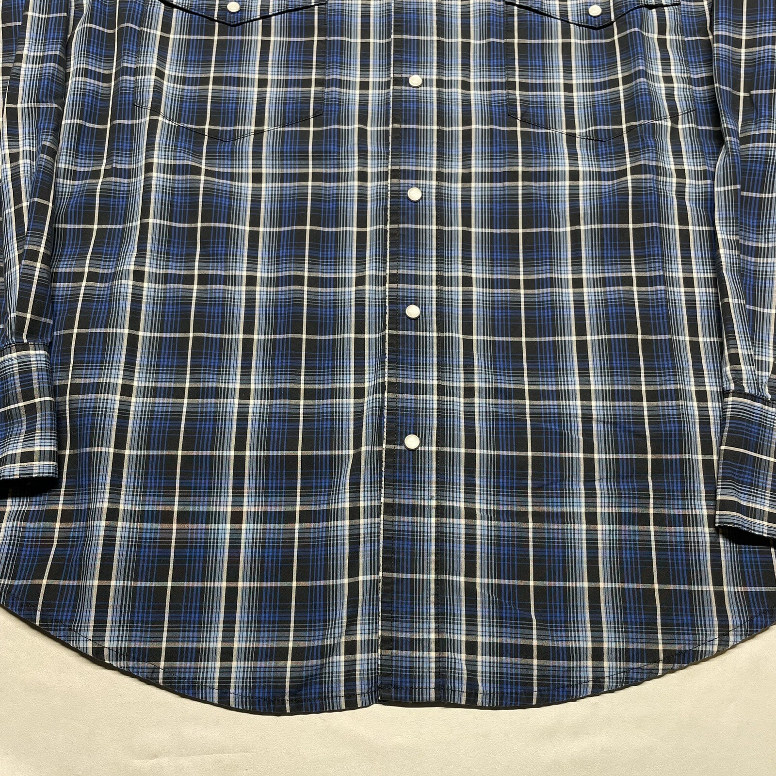 Vintage 90s Wrangler Plaid Button Up Shirt Mens Large Blue White Western Hipster
