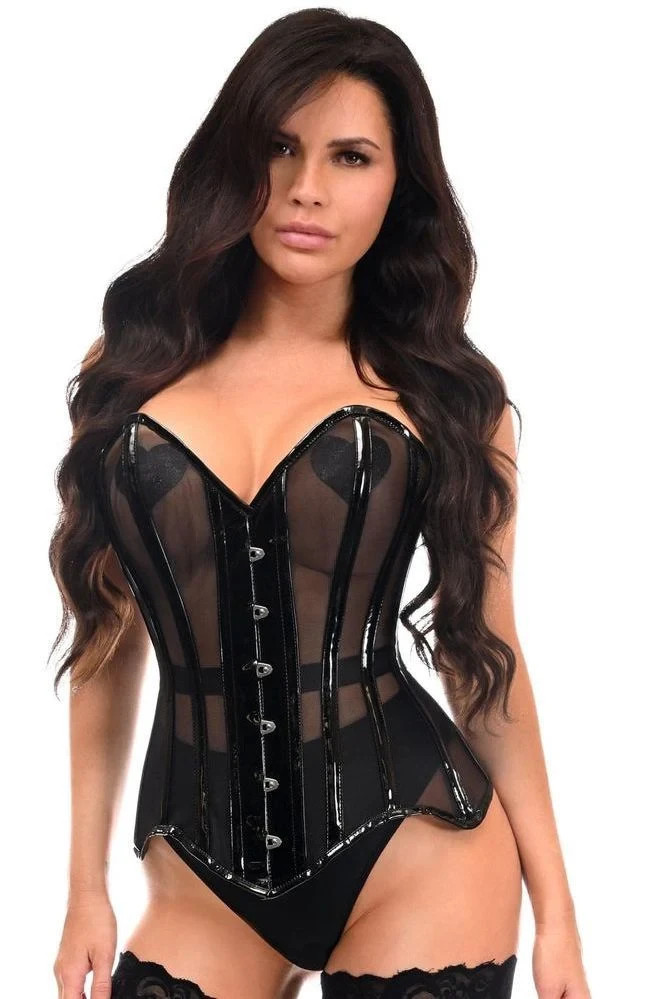 Black Mesh & Vinyl Pvc Corset Overbust Steel Boned Goth Vampire Club Pinup Punk
