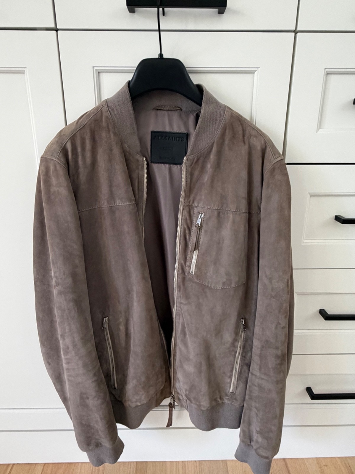 AllSaints Konrad grey suede Bomber Jacket – Men’s large