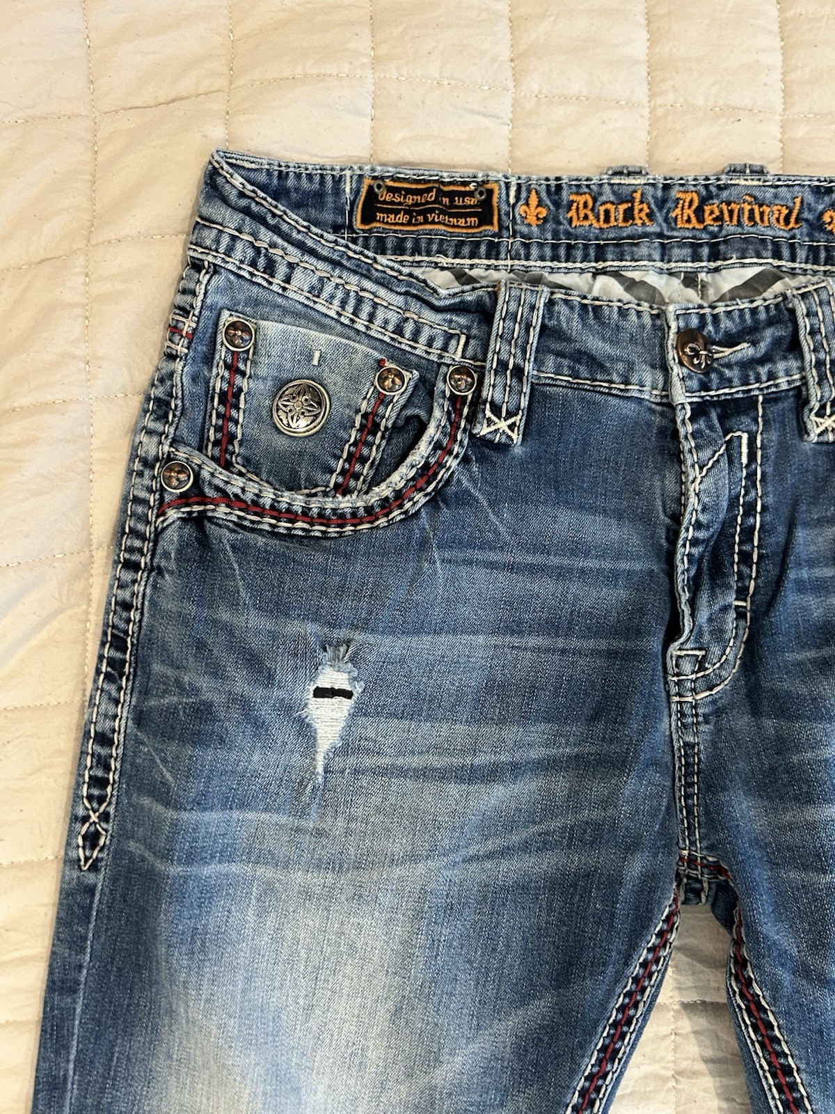 Rock Revival Men’s Blue Medium Wash Straight Fit Distressed Denim Jeans 5-Pocket