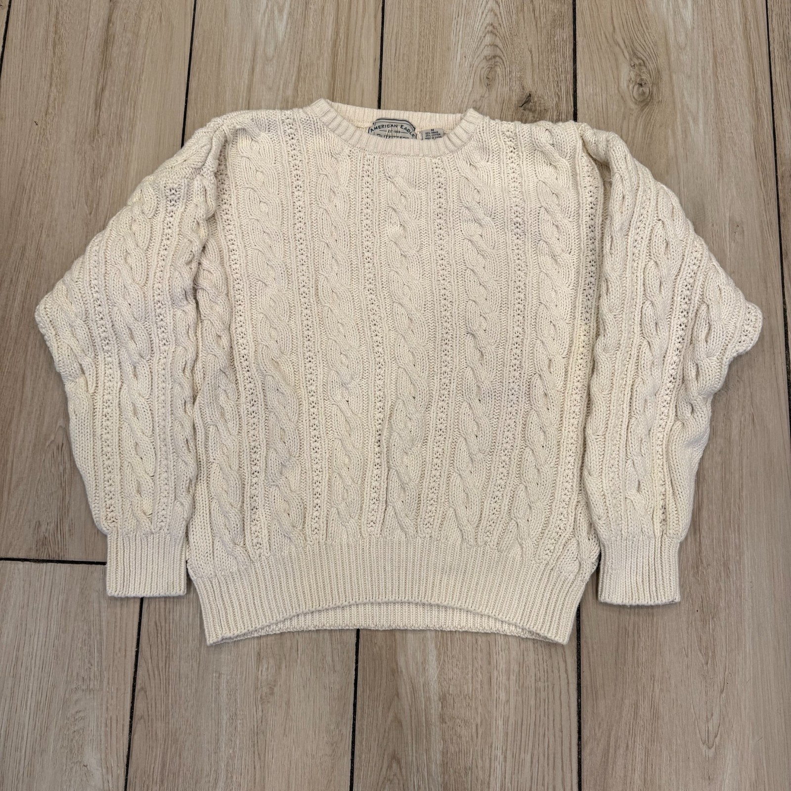 VTG Y2K American Eagle Men’s M Fisherman Sweater Cream Cable Knit Ramie Cotton