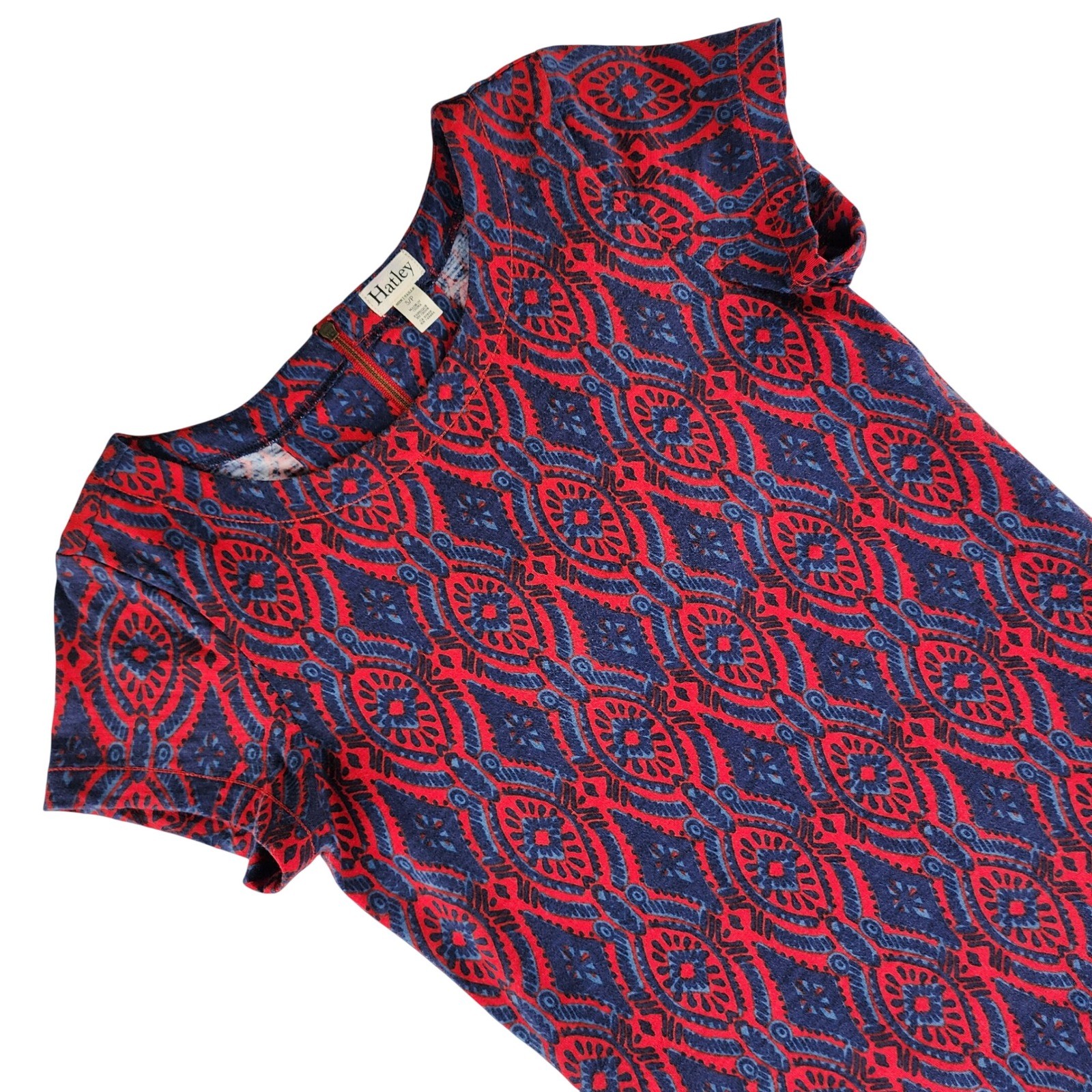 Hatley Dress Women S Red Blue Geometric Medallion 100% Cotton Shift Short Sleeve