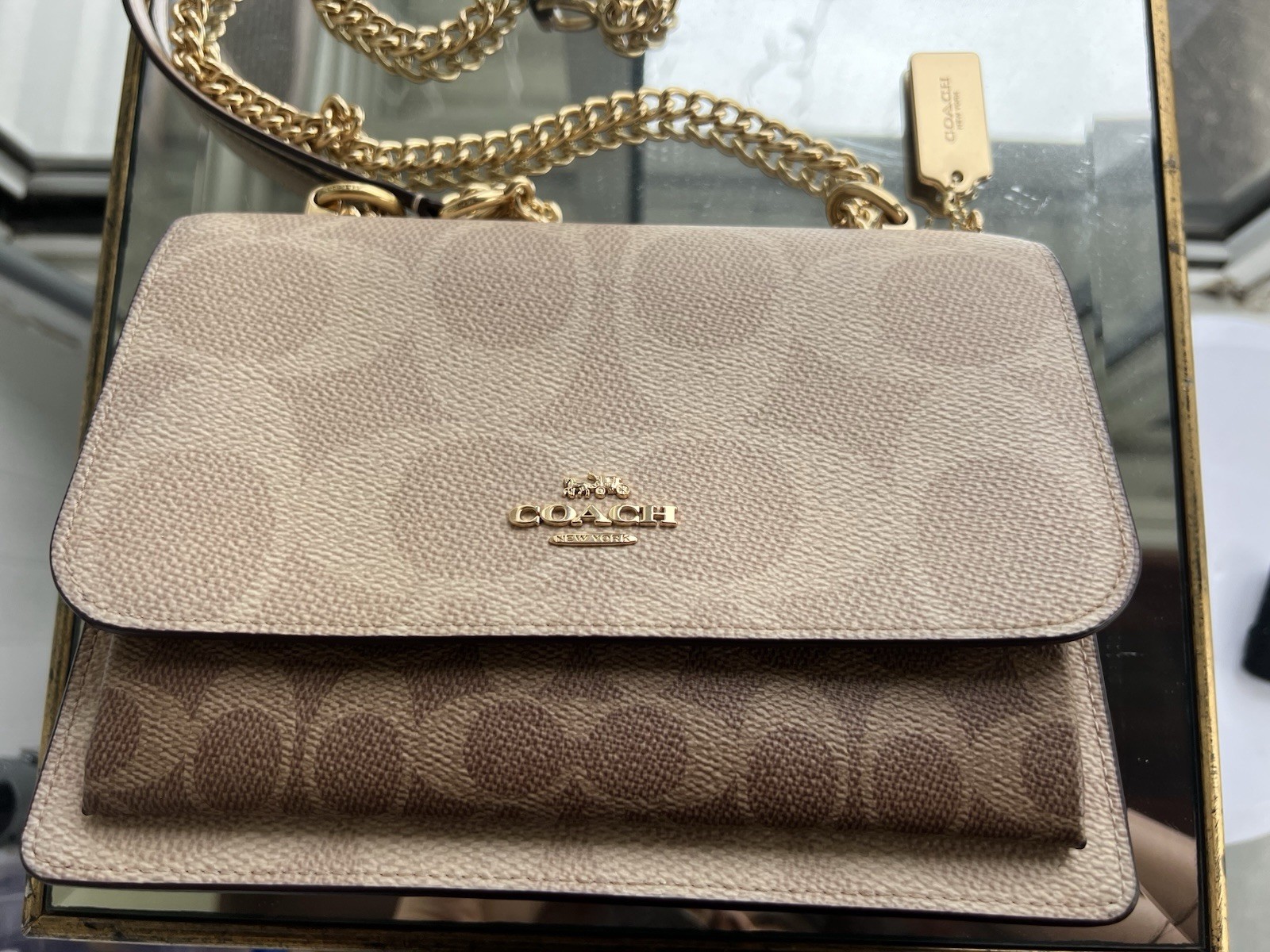 Coach Signature Logo Snap Flap Crossbody Bag Beige/Brown Gold Chain Strap