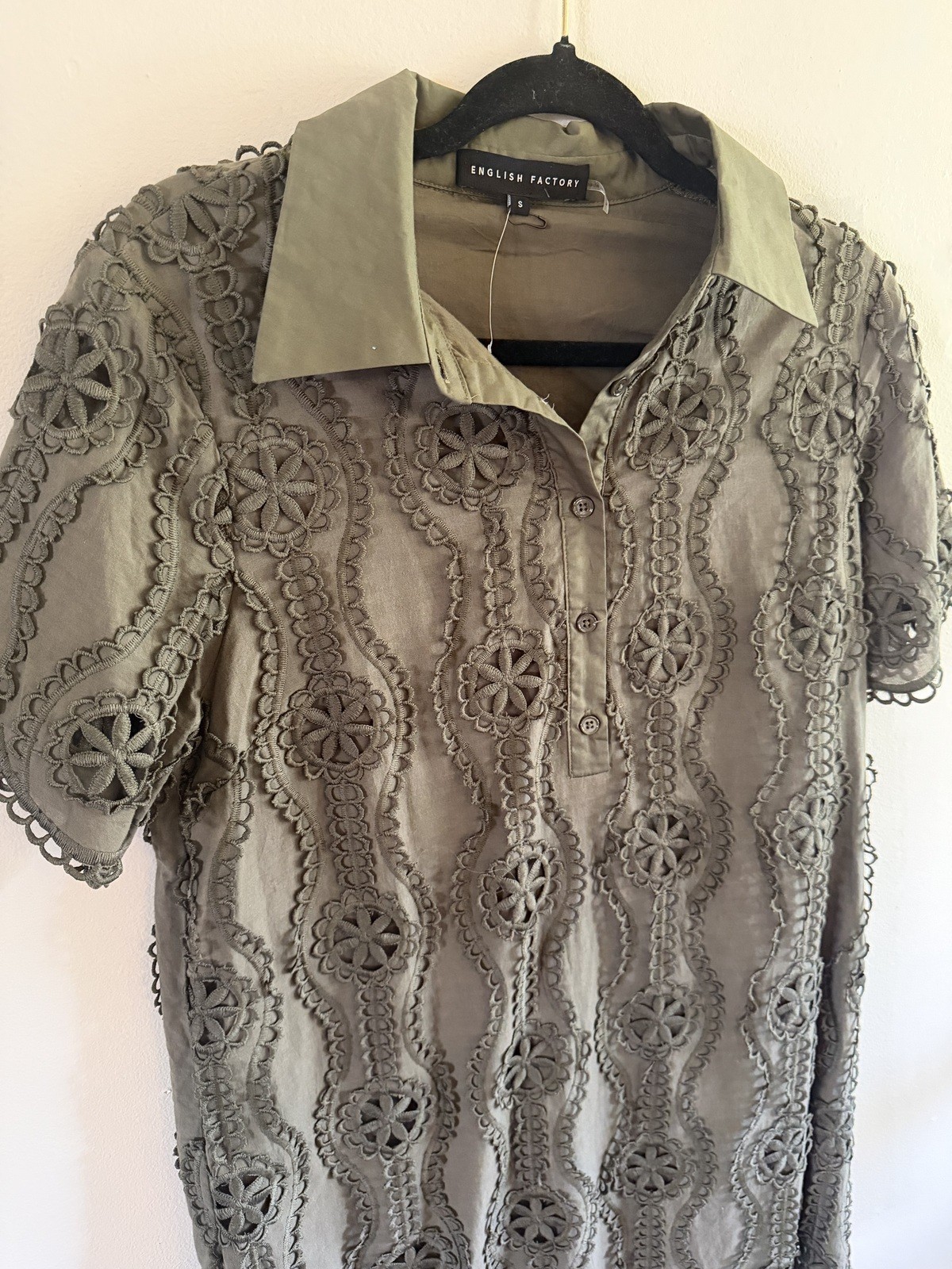 English Factory Olive Lace Eyelet Mini Shirt Dress Cotton Size Small