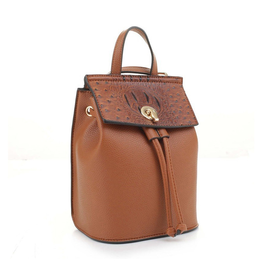 Women’s Brown Ostrich Embossed Backpack, Turn Lock, Drawstring, Top Handle, Gold