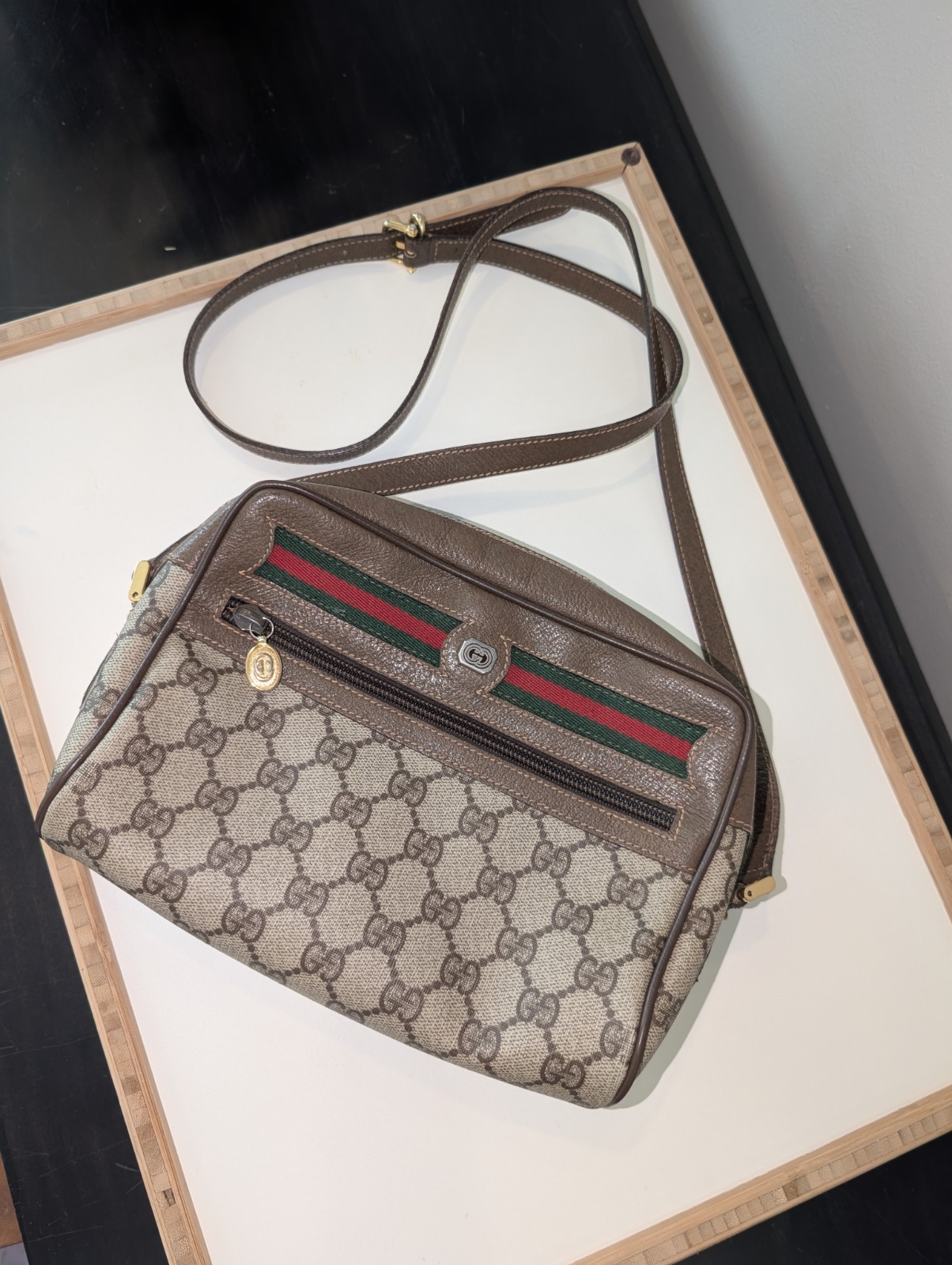 Gucci GG Monogram Web Stripe Small Crossbody Bag Zip, Adjustable Strap