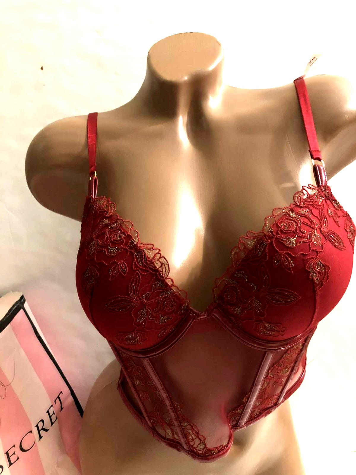 Victoria’s Secret Very Sexy Push Up Corset Bra Lace Faux Leather Deep Red NWT