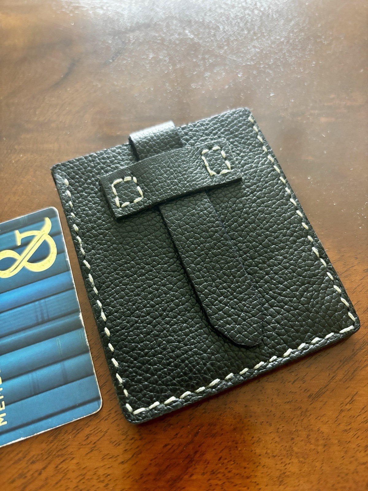 Men’s Black Leather Card Holder ID Wallet with Strap Closure, Contrast Stitching