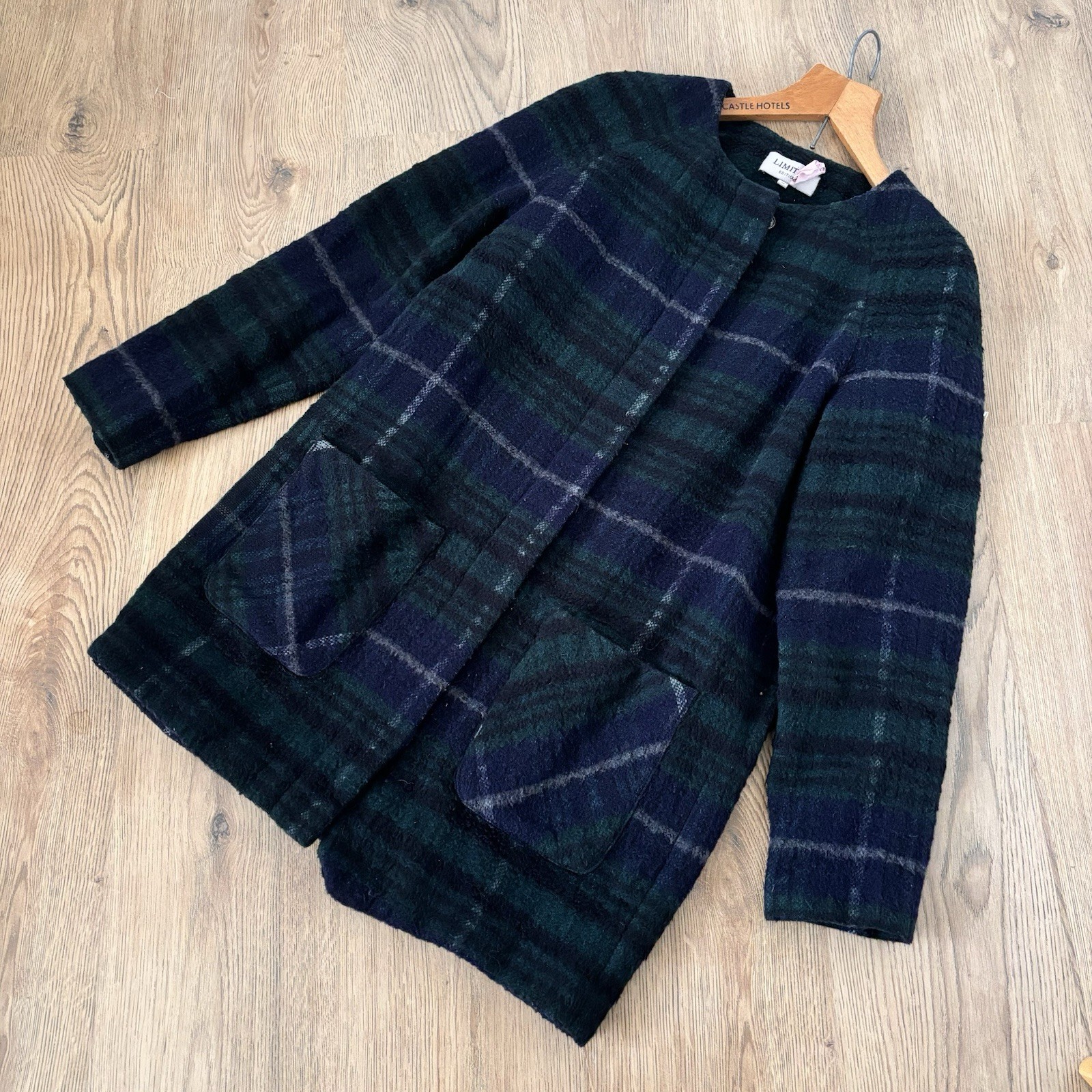 Marks & Spencer Coat 12 Navy Blue Green Plaid Tartan Check Wool Mix Winter READ