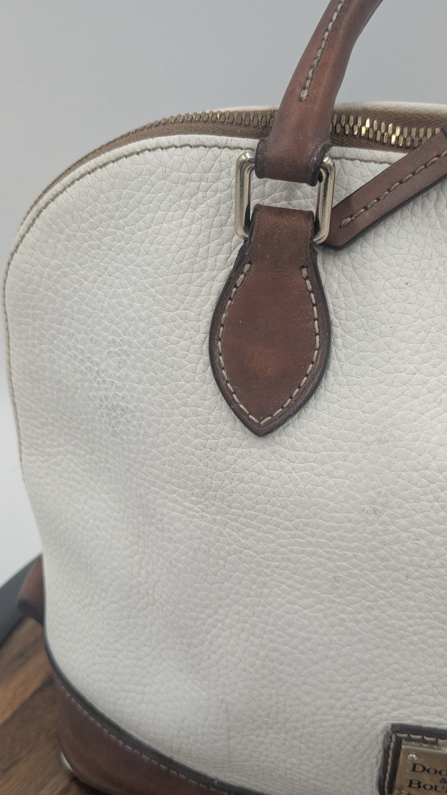 Dooney & Bourke Pebble Grain White Leather Zip Dome Satchel British Tan Purse