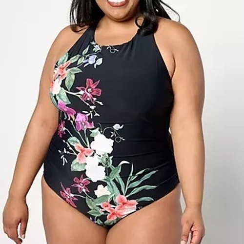 Jantzen Layla Cross Back High Neck One Piece Swimsuit 20W Black Floral A642650