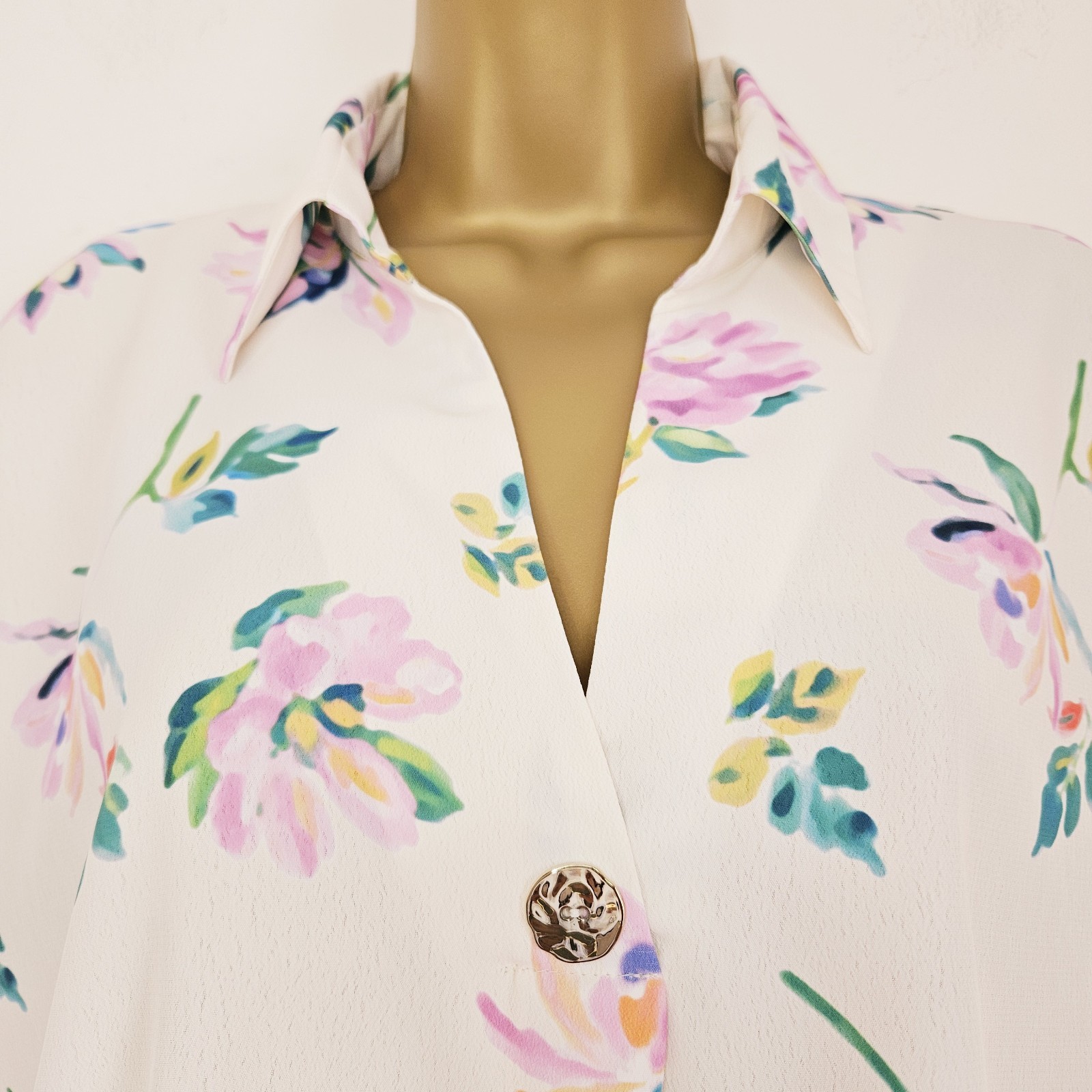 NEW DP 8-22 Crepe Chiffon Collared Floral Print White Pink Blue Green Blouse Top