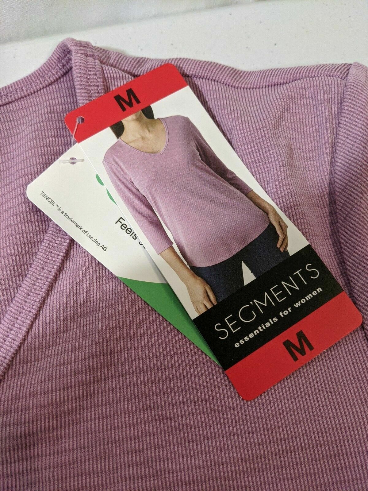 Seg’ments Women’s Textured V-Neck 3/4 Sleeve Tee-Shirt Tencel Fabric Rose M